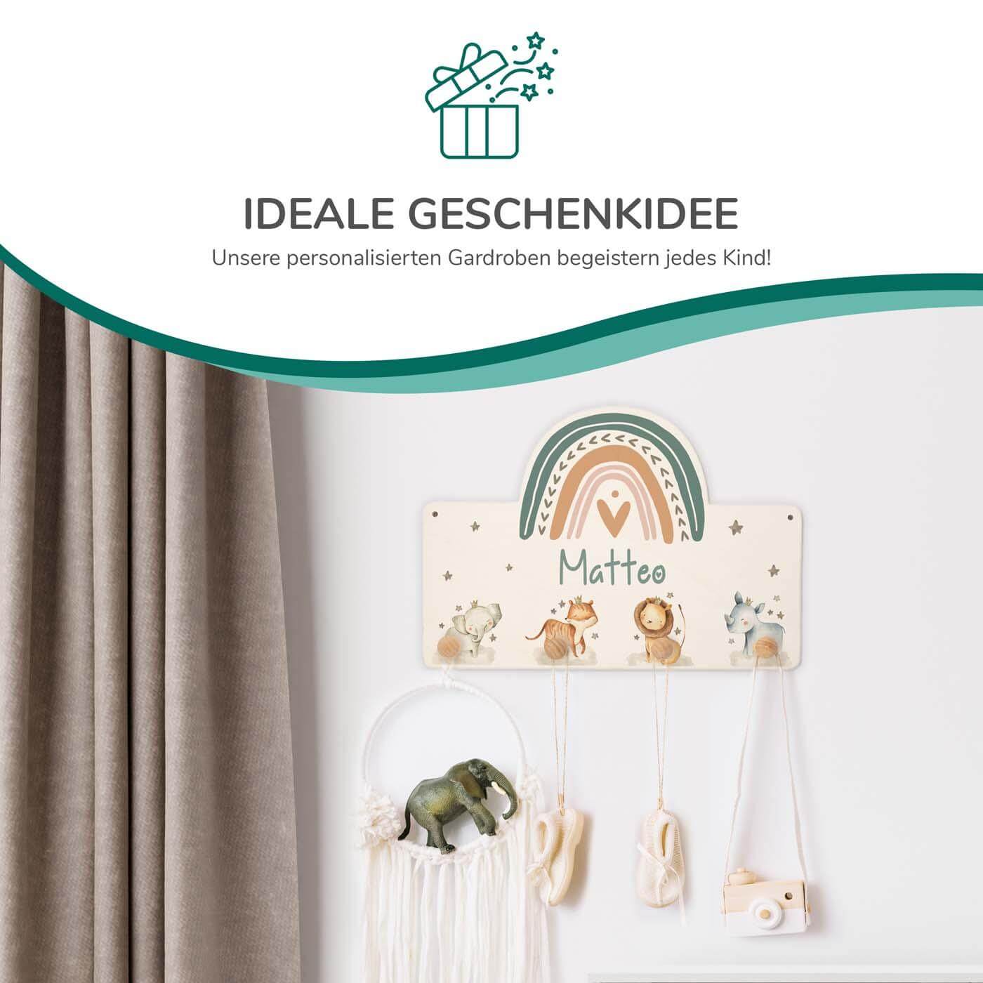 Handgefertigte Regenbogen-Garderobe aus Holz Tier Familie