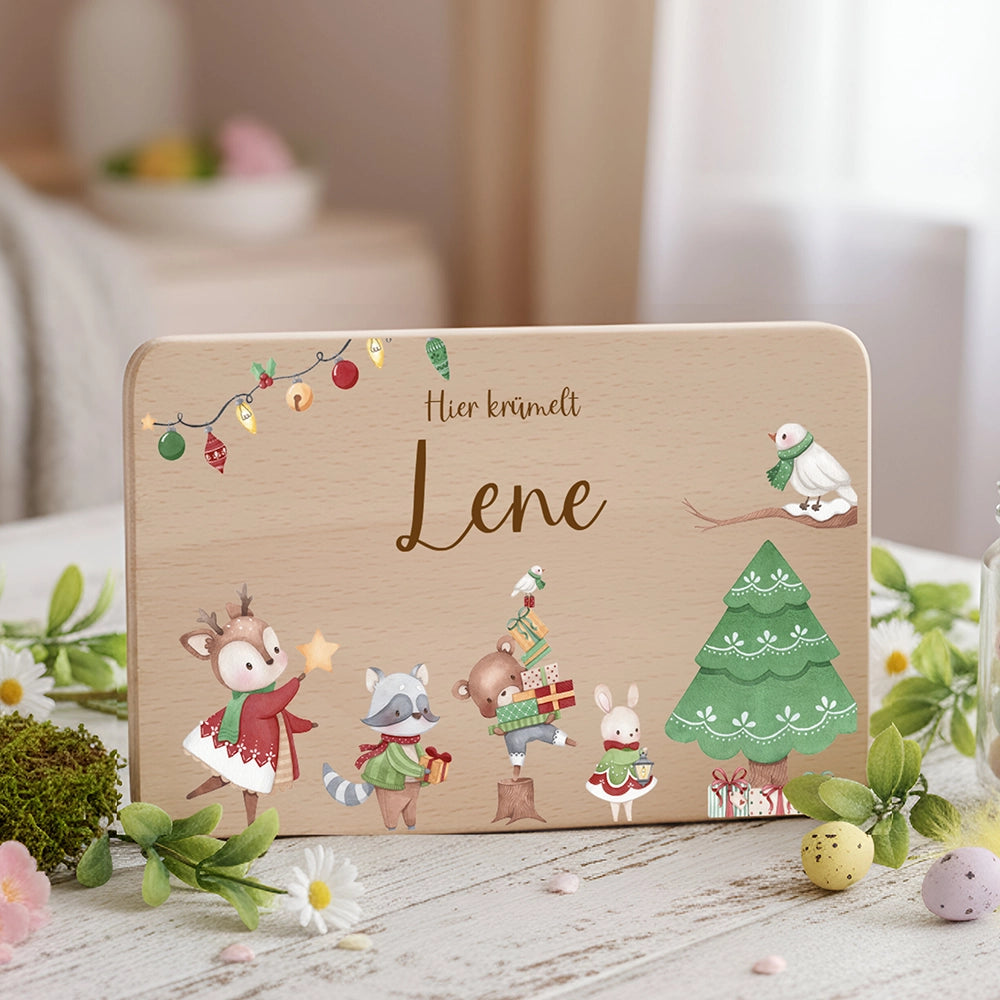 Frühstücksbrettchen Weihnachten Tiere und Weihnachtsbaum - Geschenk Weihnachten