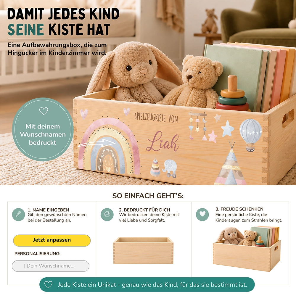 Spielzeugkiste personalisiert mit Namen - Baby Reh mit Regenbogen