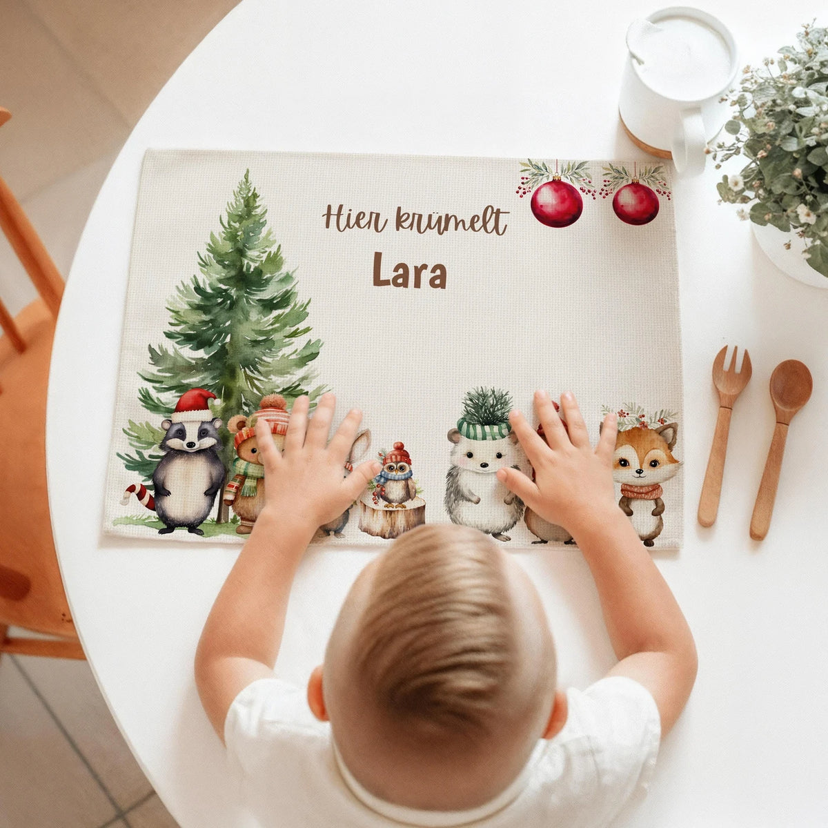 Tischset Kinder personalisiert Weihnachtsmotiv - GlĂĽckliche Tiergesellschaft