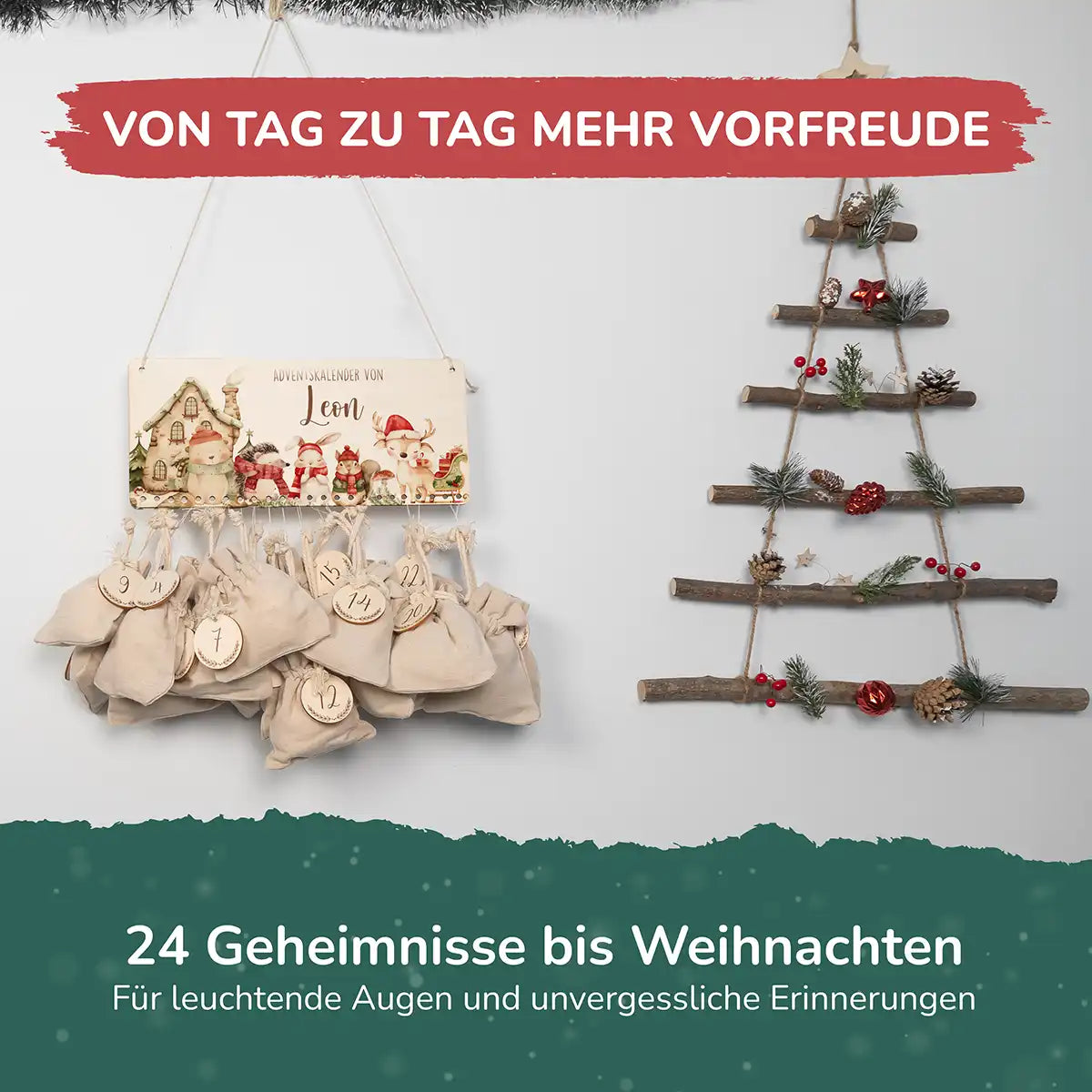 Personalisierbarer Adventskalender farbig - Fröhliche Tierfamilie