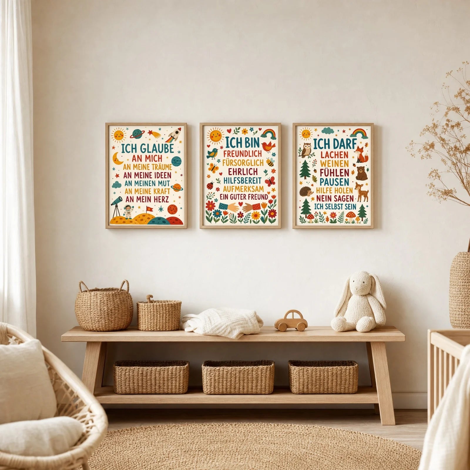 Affirmationsposter Kinderzimmer Blumen Ich bin freundlich, im Jungenzimmer
