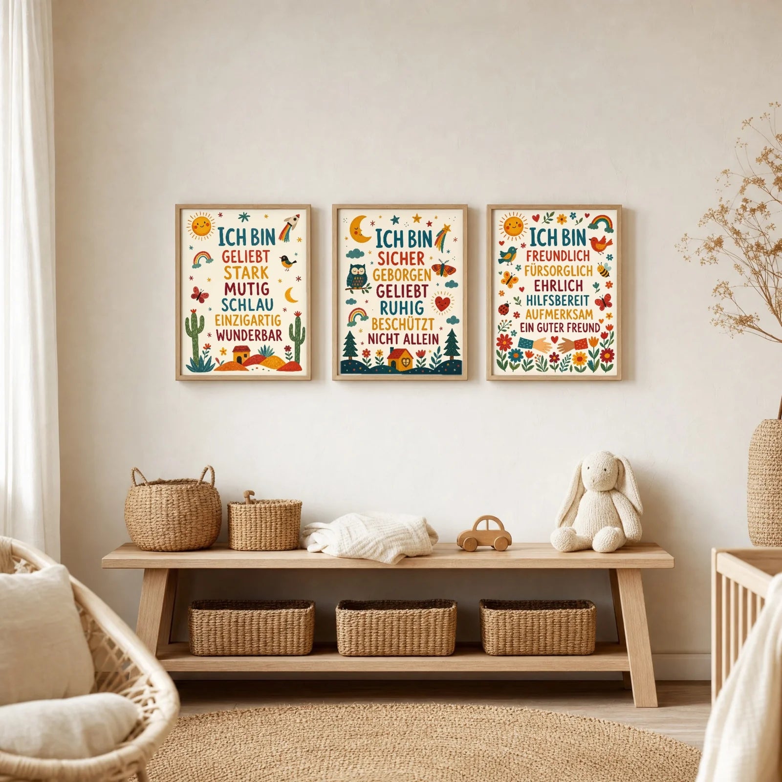 Affirmationsposter Kinderzimmer Nachthimmel Ich bin sicher, im Jungenzimmer
