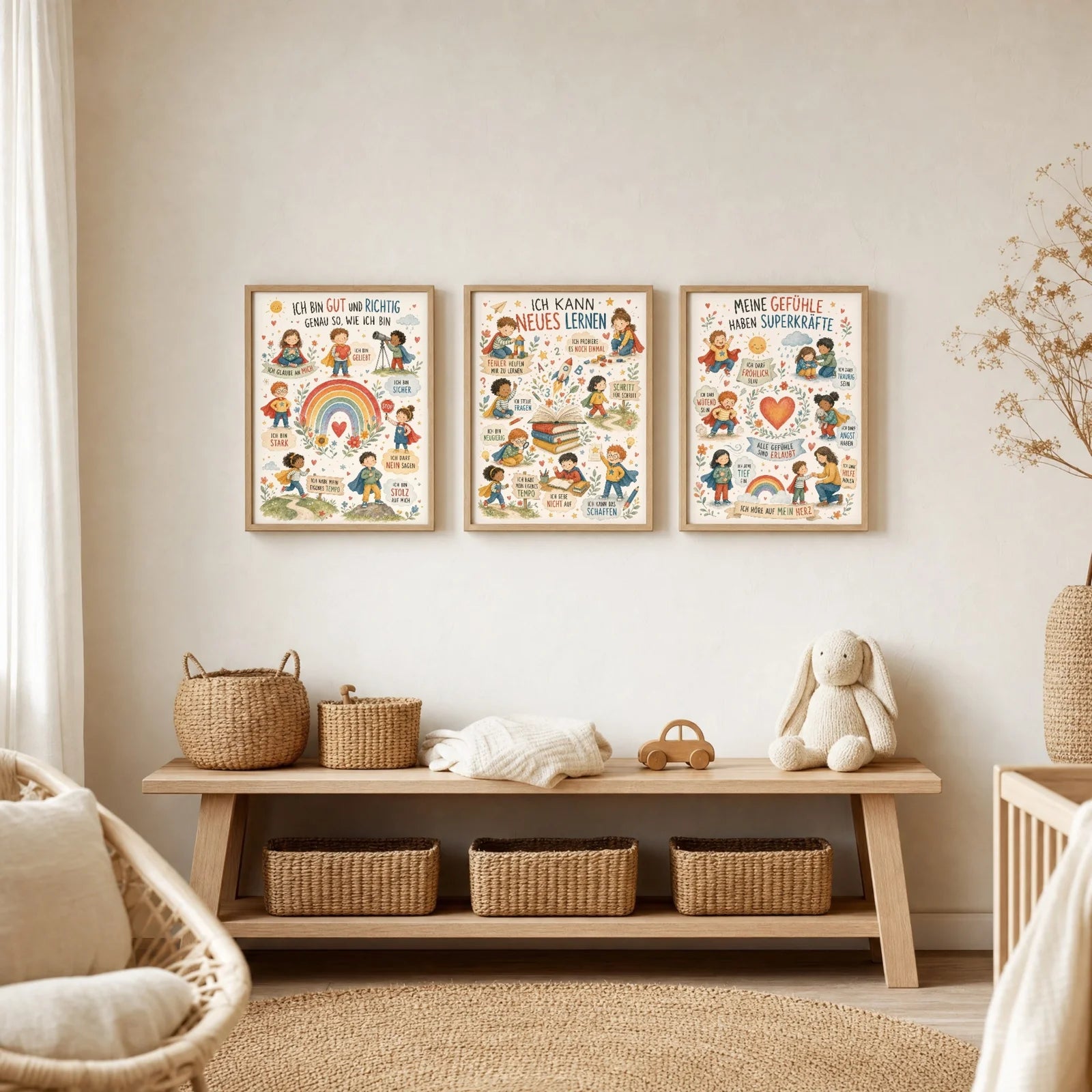 Affirmationsposter Kinderzimmer Wimmelbild Neues lernen, im Jungenzimmer