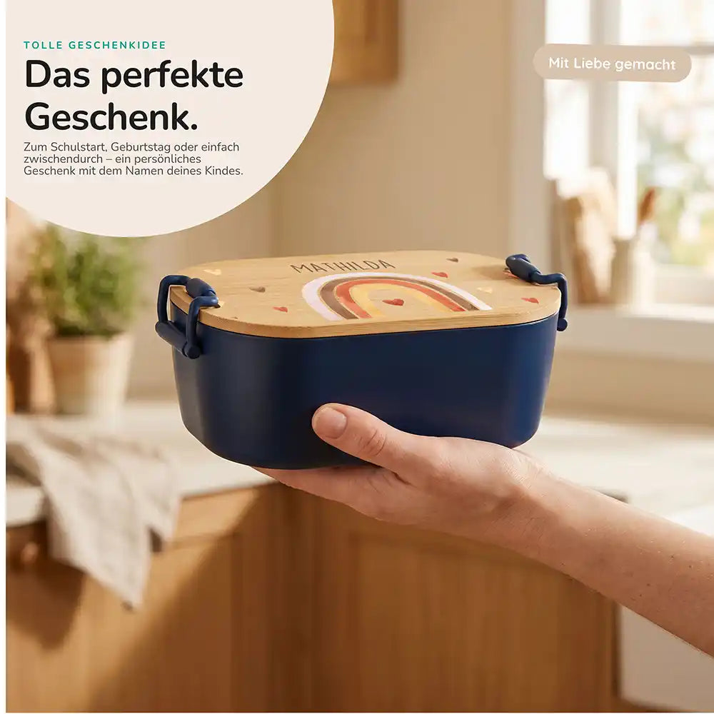 Brotdose Kinder personalisiert Boho Regenbogen, Geschenk zum Schulstart mit Wunschname