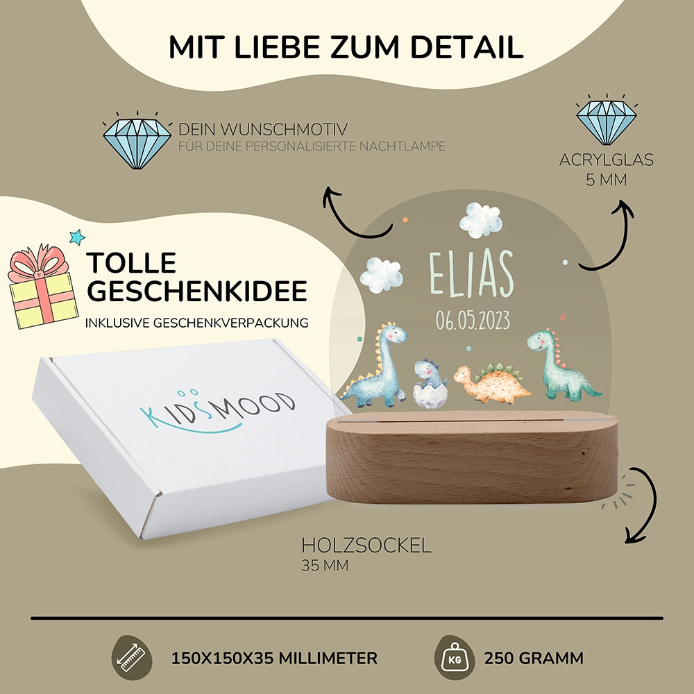 Nachtlicht Dino personalisiert – 150 × 150 × 35 mm, 5 mm Acrylglas, Holzsockel, mit Geschenkverpackung
