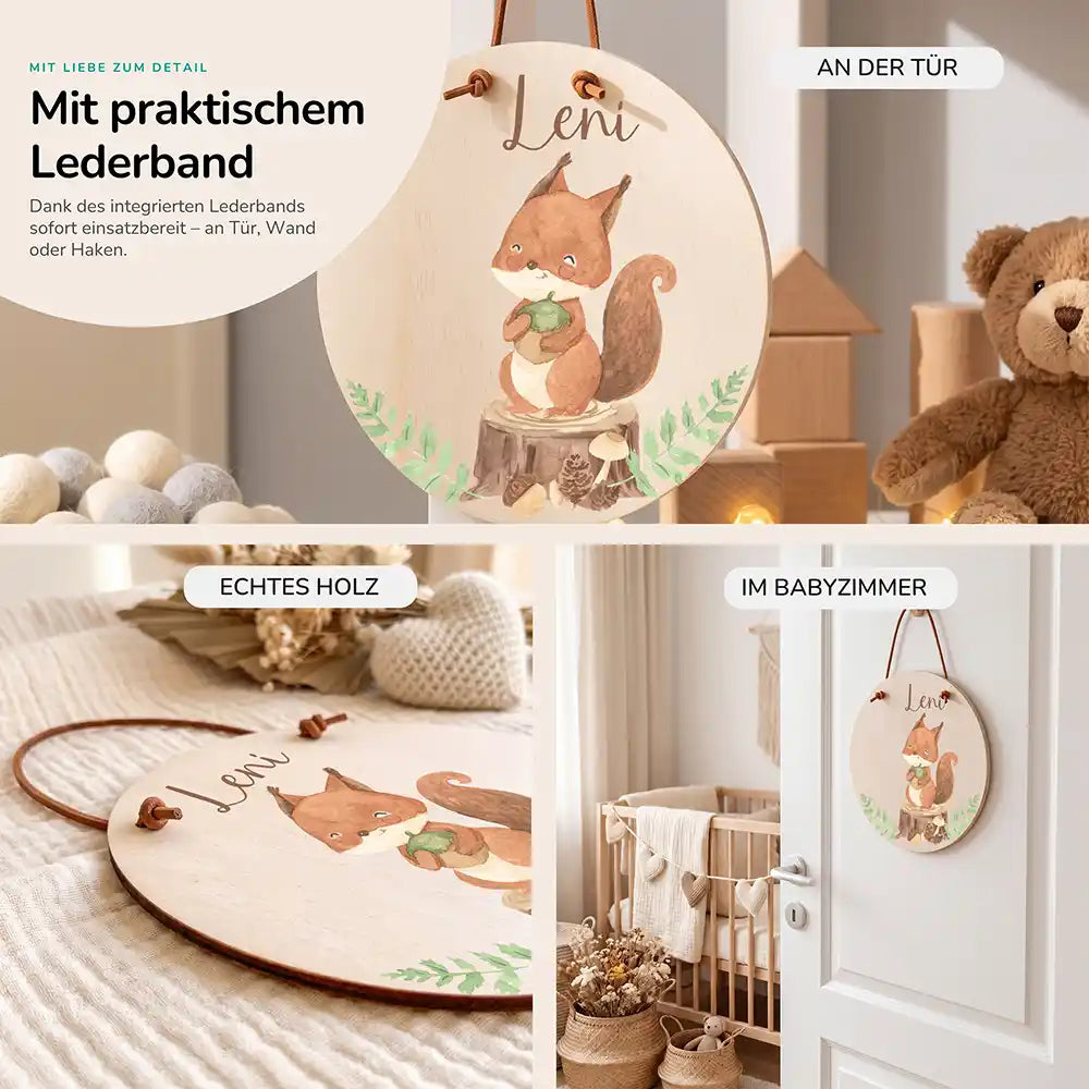 Türschild Kinderzimmer Eichhörnchen im Wald, im Größenvergleich, Ø 14 cm und Ø 20 cm