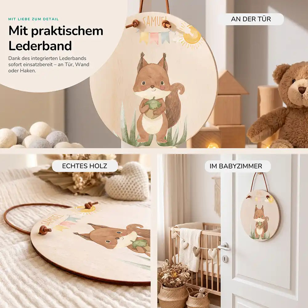 Türschild Kinderzimmer Eichhörnchen mit Wimpelkette, im Größenvergleich, Ø 14 cm und Ø 20 cm