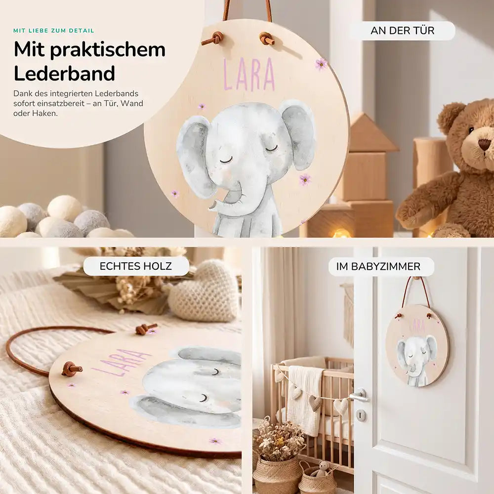 Türschild Kinderzimmer Elefant mit Blüten, im Größenvergleich, Ø 14 cm und Ø 20 cm