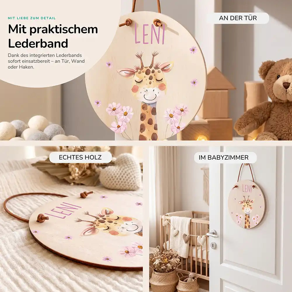 Türschild Kinderzimmer Giraffe, im Größenvergleich, Ø 14 cm und Ø 20 cm