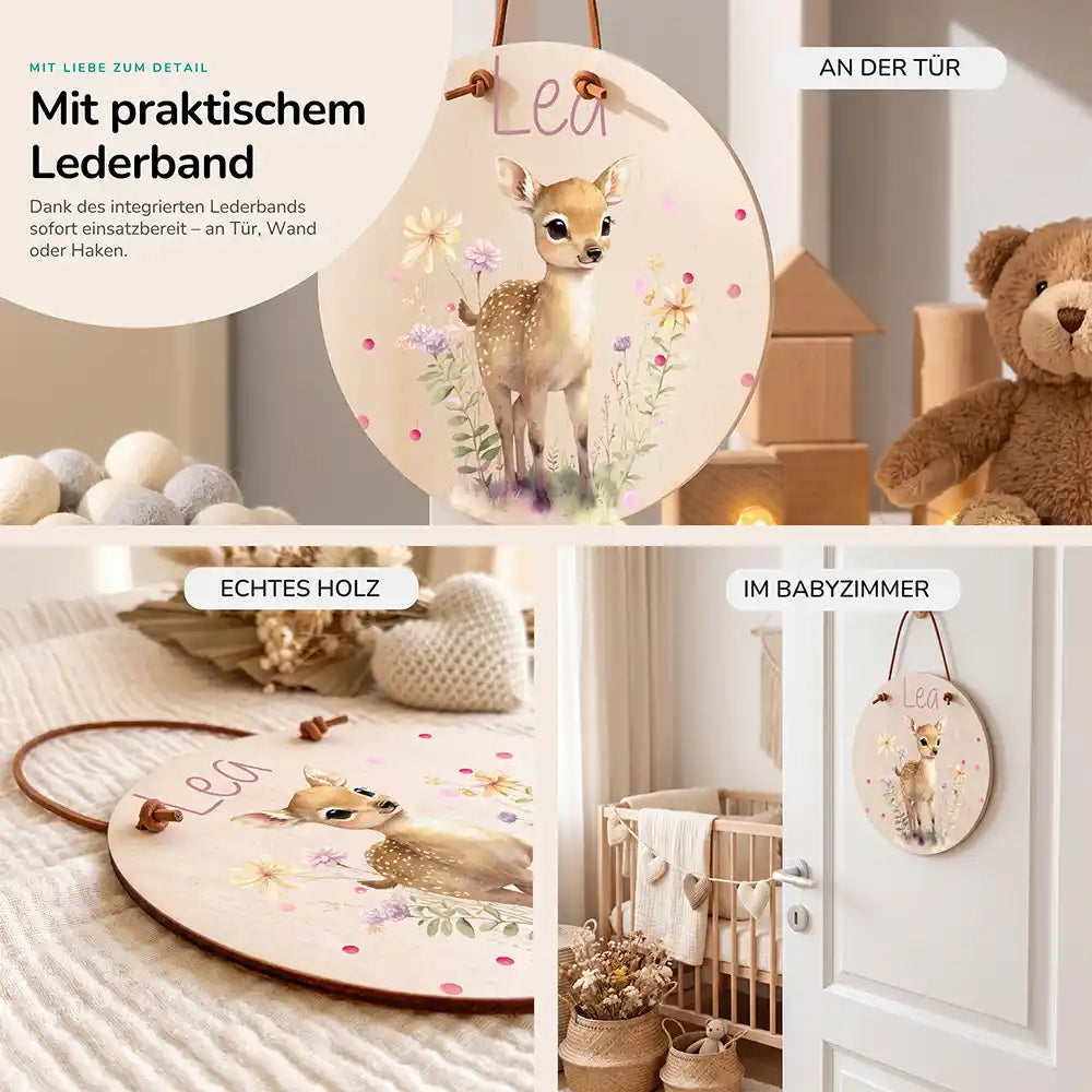 Türschild Kinderzimmer Reh mit Wildblumen, im Größenvergleich, Ø 14 cm und Ø 20 cm