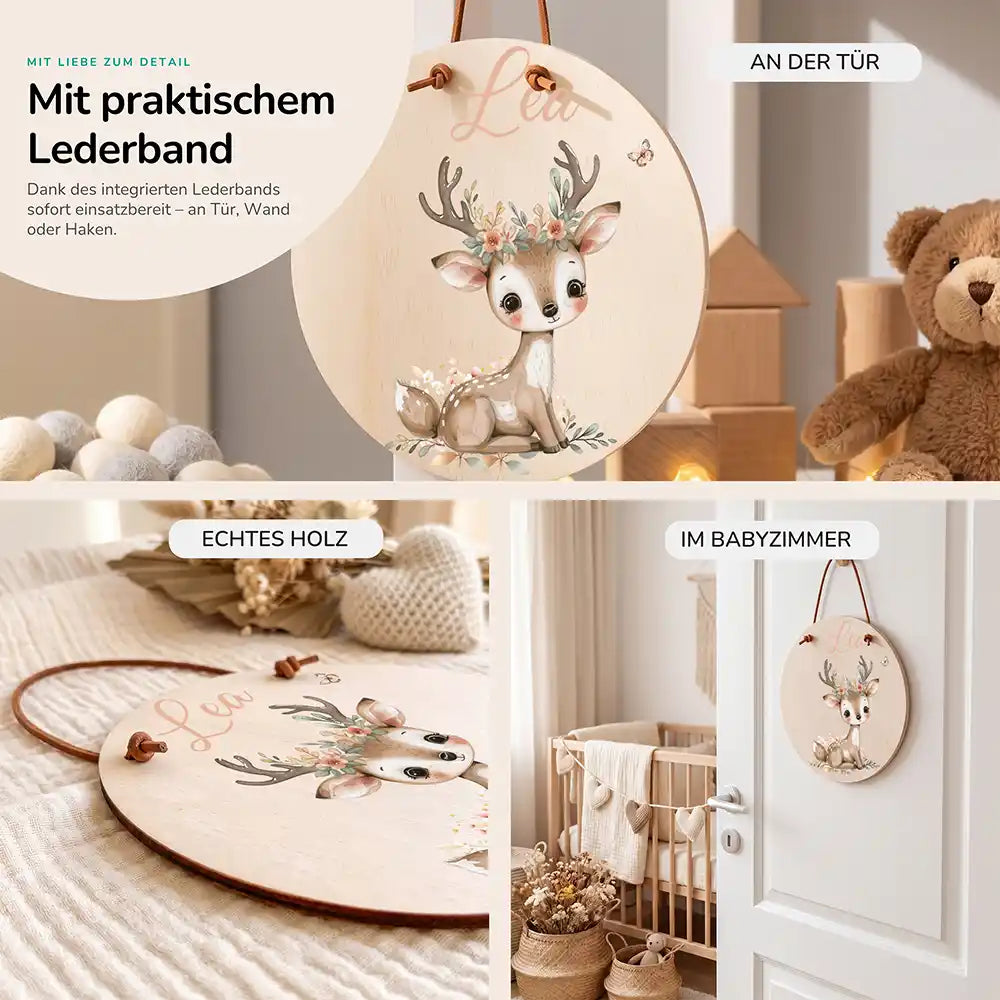 Türschild Kinderzimmer Rehkitz mit Blumenkrone, im Größenvergleich, Ø 14 cm und Ø 20 cm