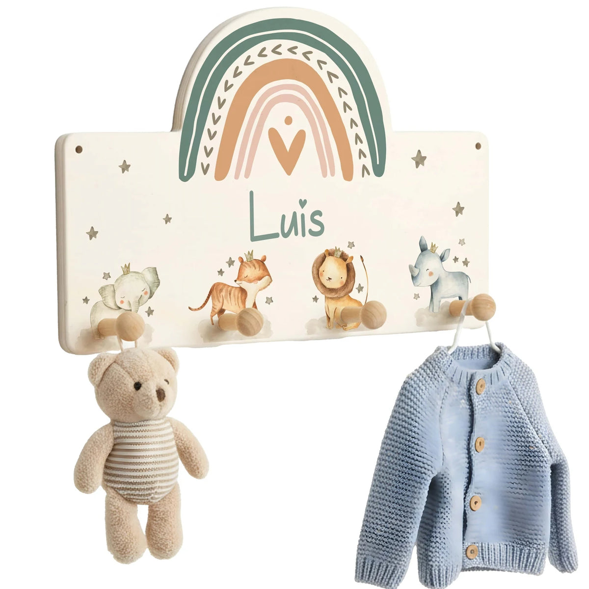 Kindergarderobe Holz personalisiert - Tier Familie