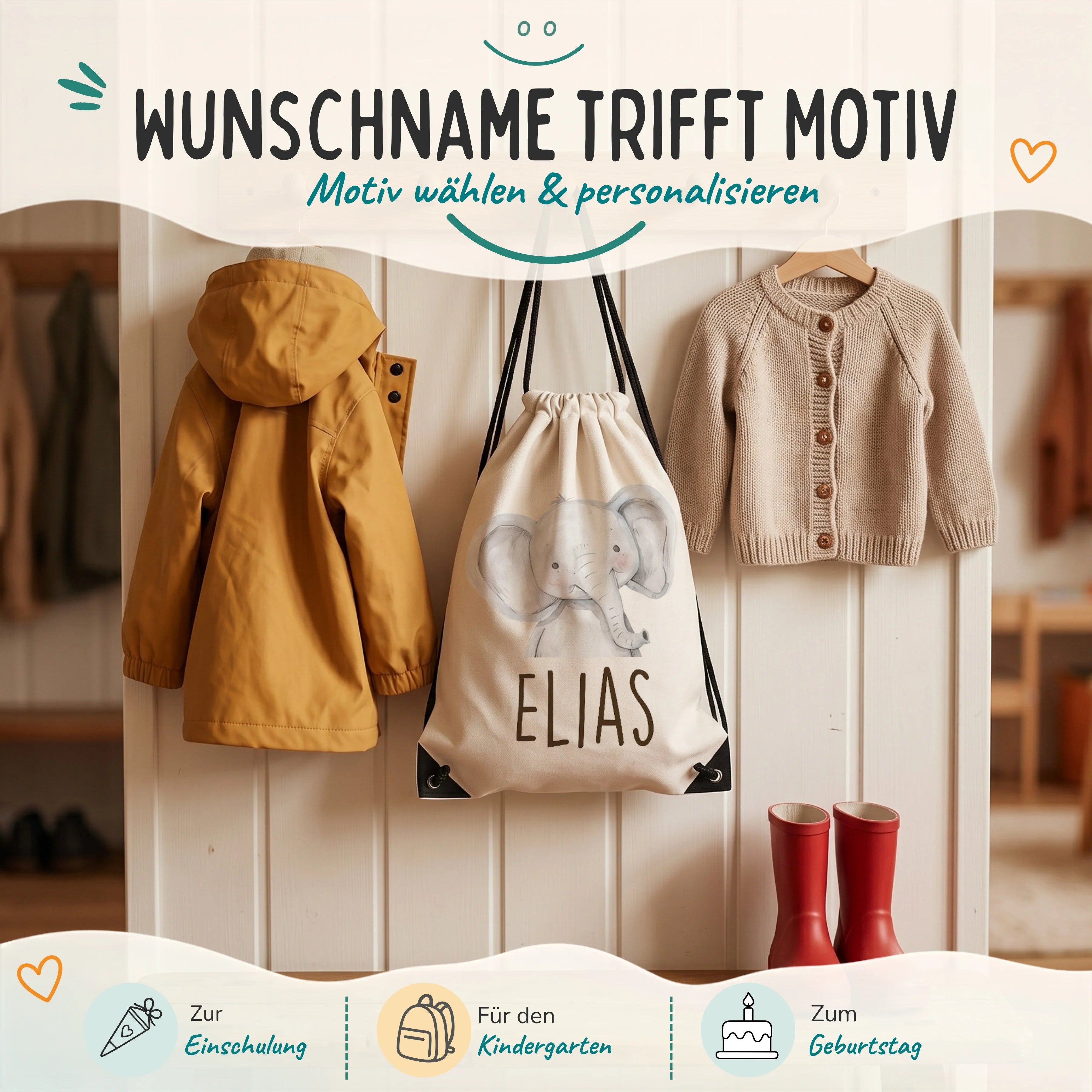 Personalisierter Turnbeutel Baby Elefant, Geschenk zur Einschulung, zum Kindergarten und zum Geburtstag