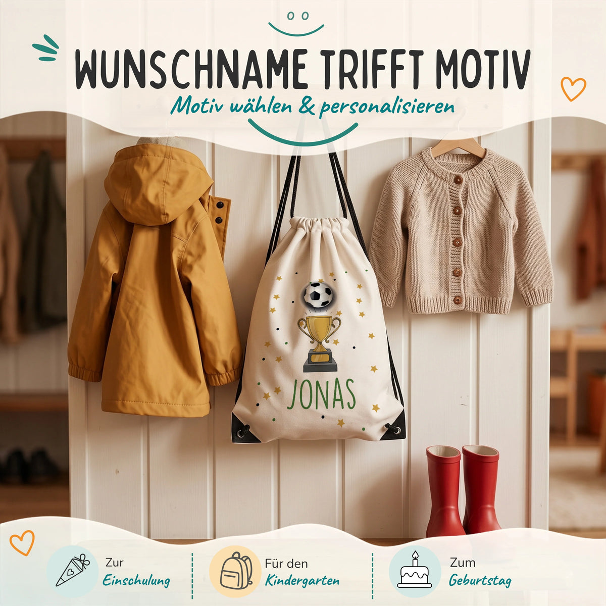 Personalisierter Turnbeutel Fußball Pokal, Geschenk zur Einschulung, zum Kindergarten und zum Geburtstag
