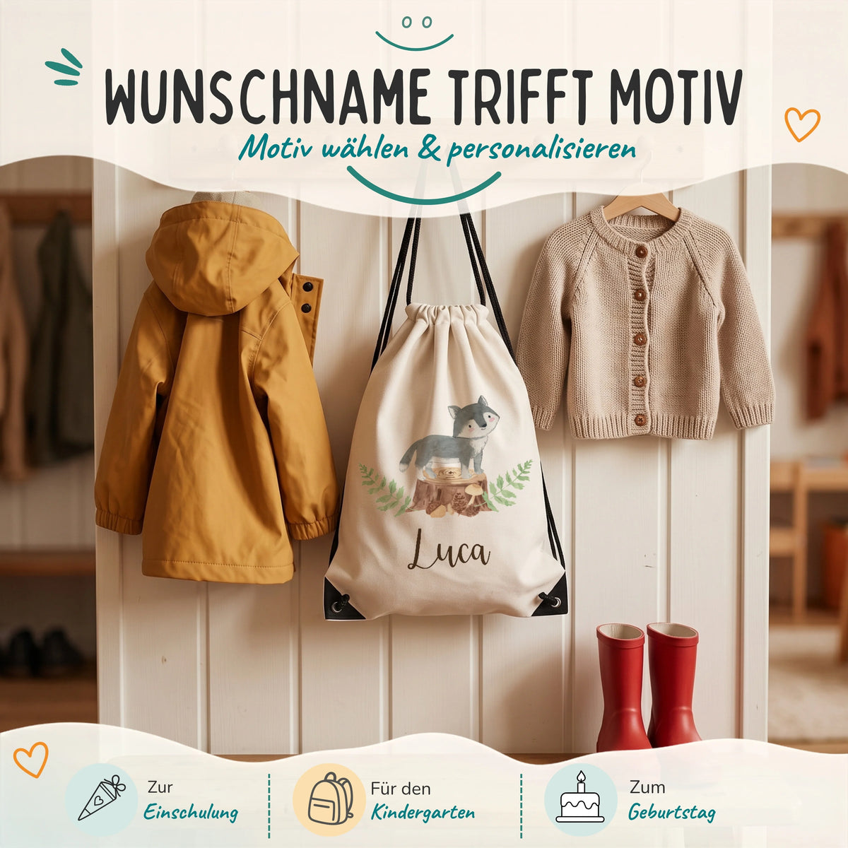 Personalisierter Turnbeutel Wolf, Geschenk zur Einschulung, zum Kindergarten und zum Geburtstag