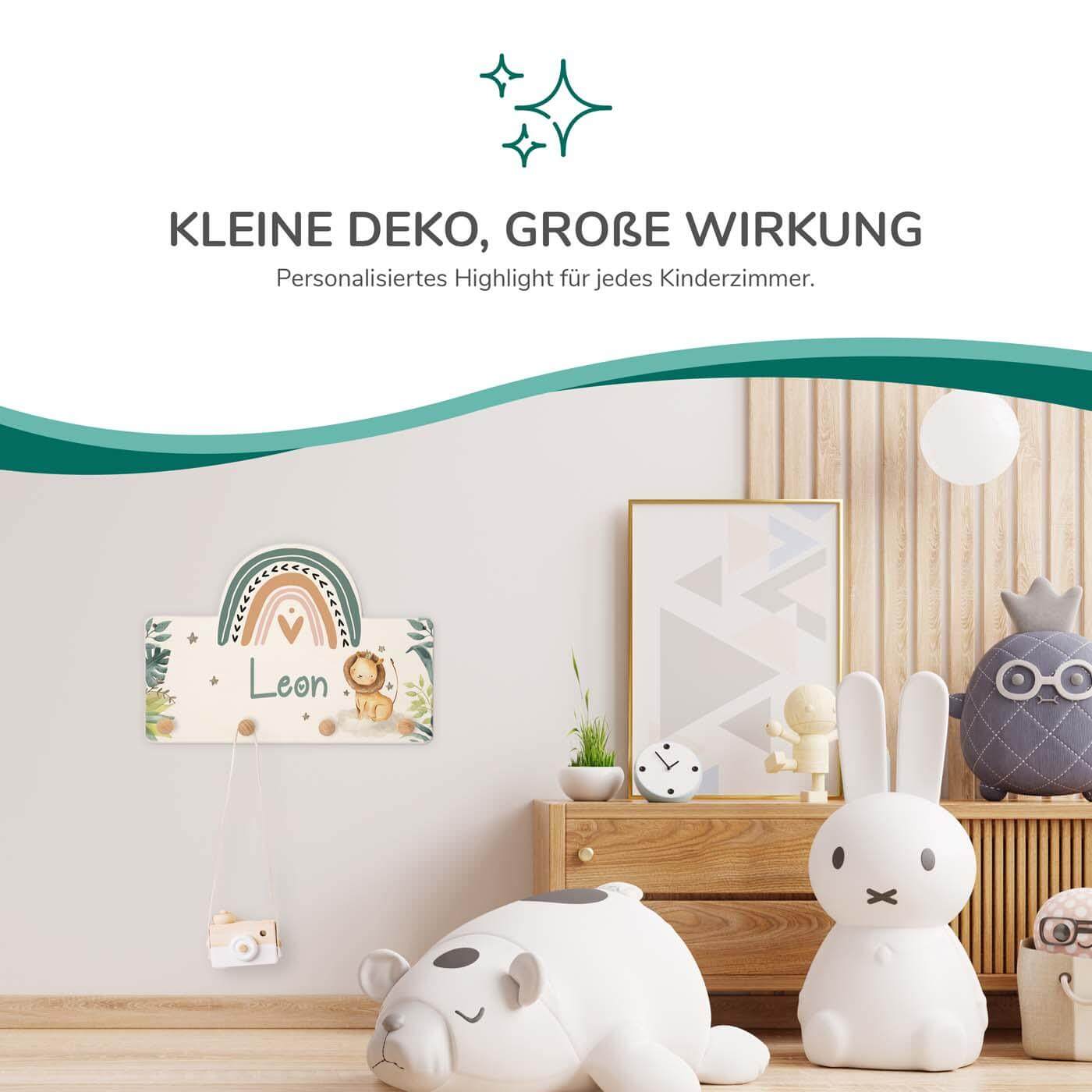 Handgefertigte Regenbogen-Garderobe aus Holz Löwe