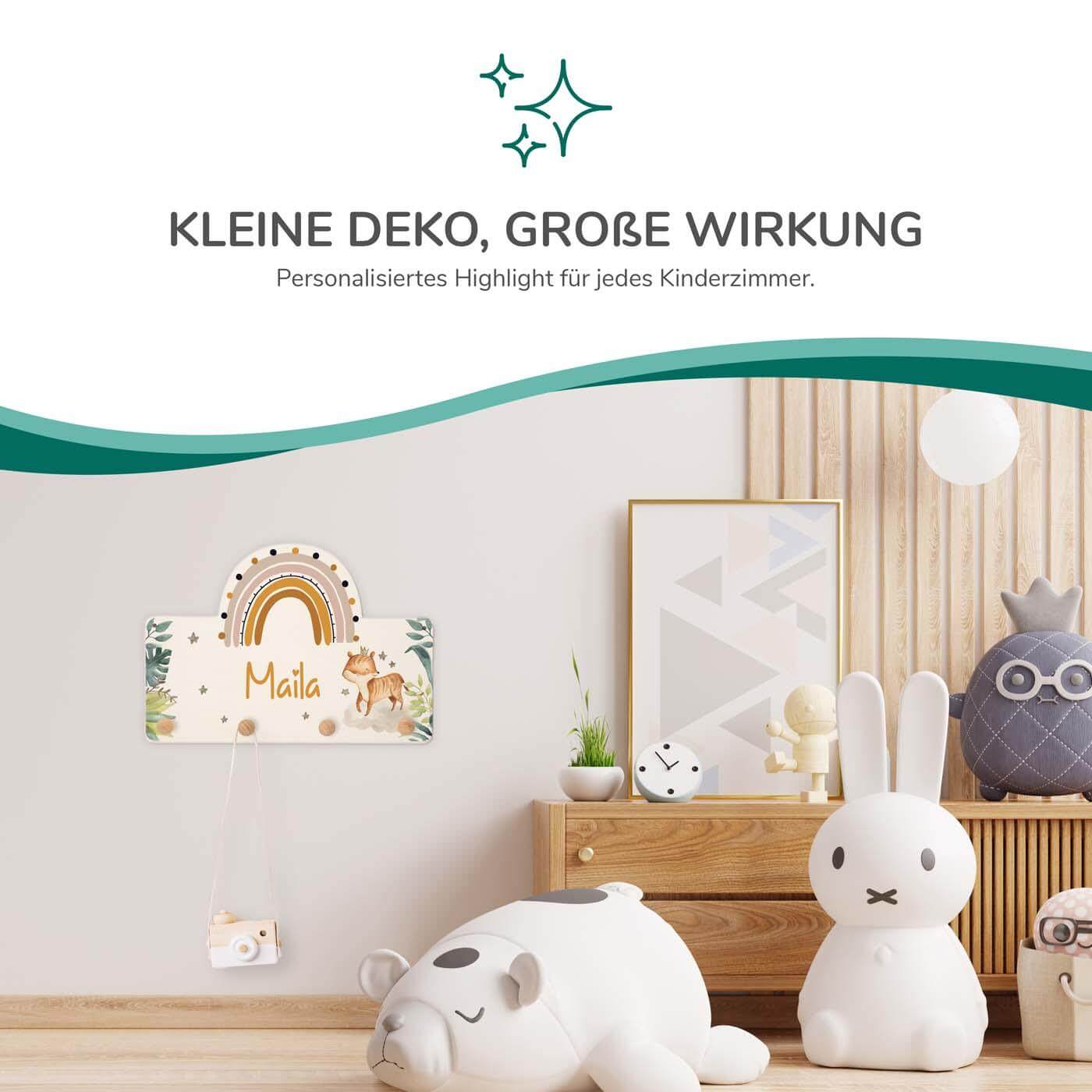 Handgefertigte Regenbogen-Garderobe aus Holz Fuchs