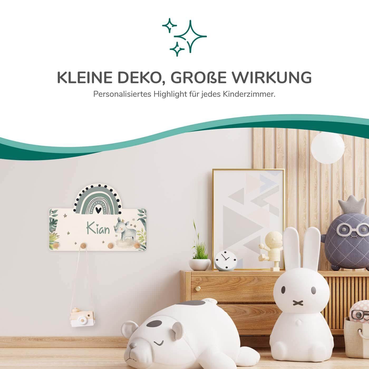 Handgefertigte Regenbogen-Garderobe aus Holz Nashorn