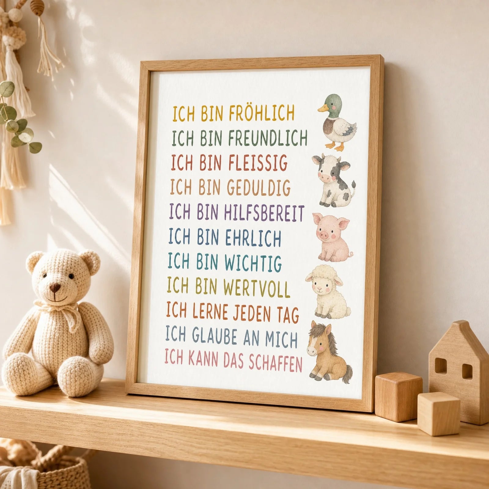 Affirmationsposter Kinderzimmer Bauernhoftiere, als Wandbild über der Spielecke