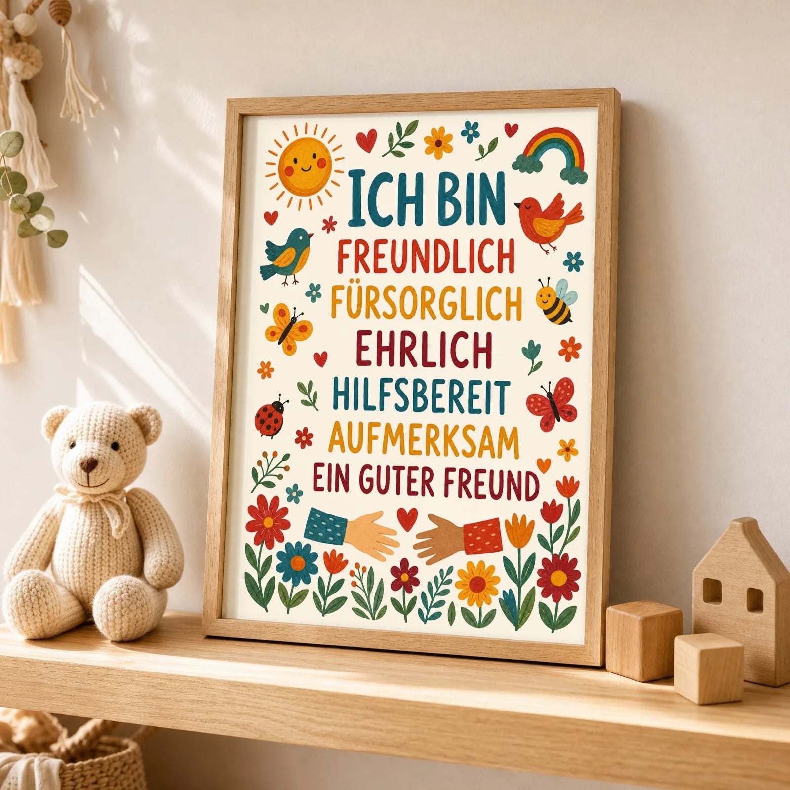 Affirmationsposter Kinderzimmer Blumen Ich bin freundlich, als Wandbild über der Spielecke
