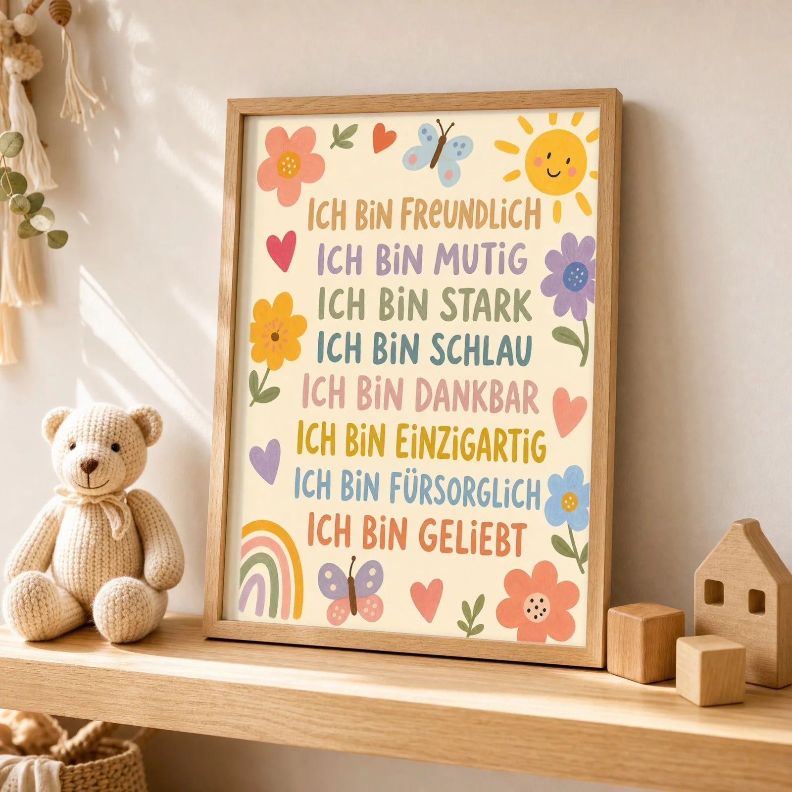 Affirmationsposter Kinderzimmer Blumenwiese Ich bin freundlich, als Wandbild ĂŒber der Spielecke
