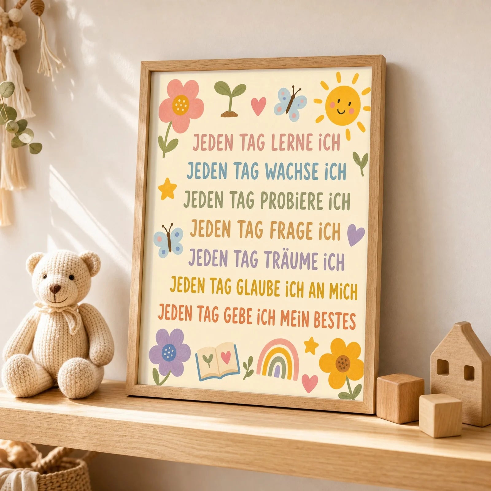Affirmationsposter Kinderzimmer Blumenwiese Jeden Tag, als Wandbild ĂŒber der Spielecke