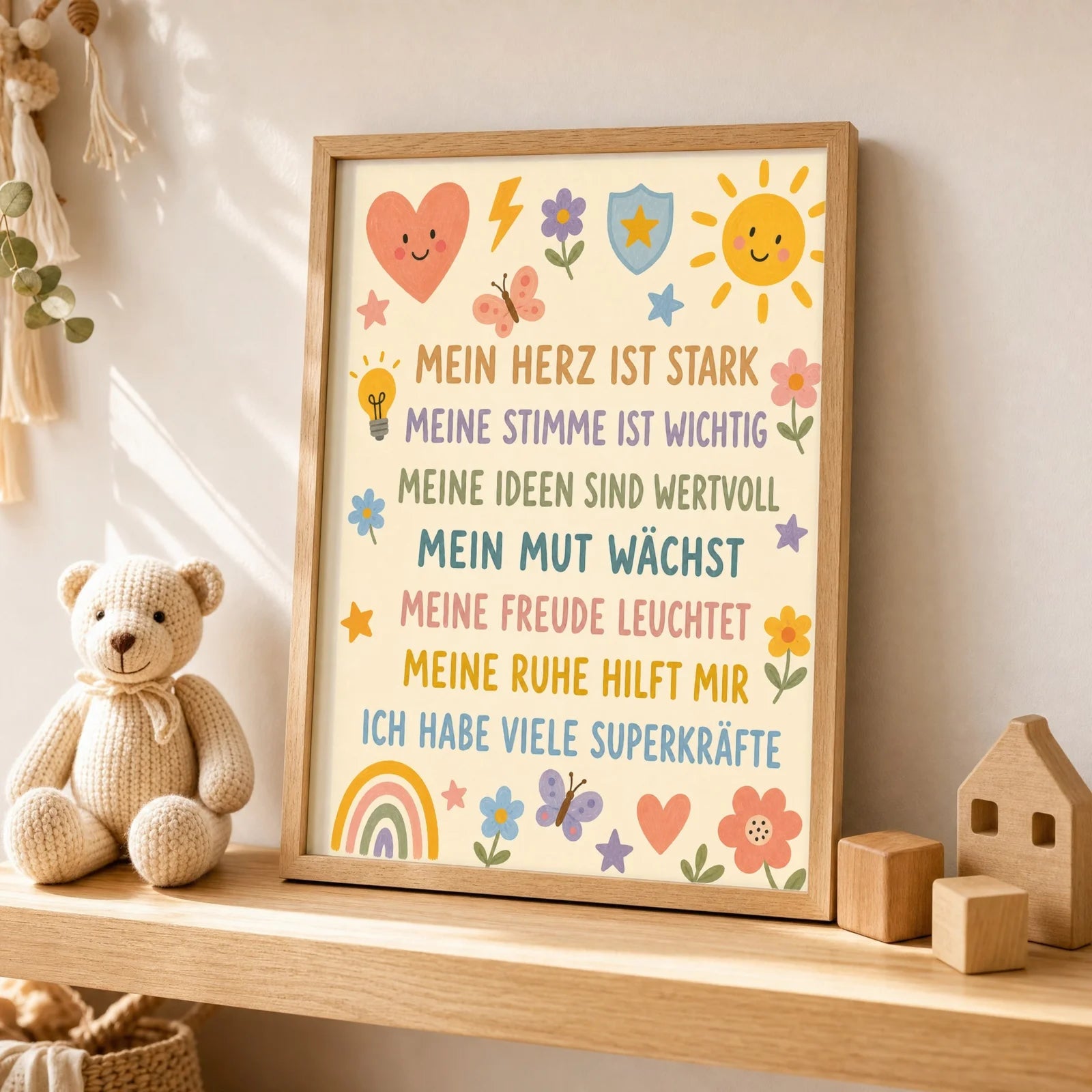 Affirmationsposter Kinderzimmer Blumenwiese SuperkrĂ€fte, als Wandbild ĂŒber der Spielecke