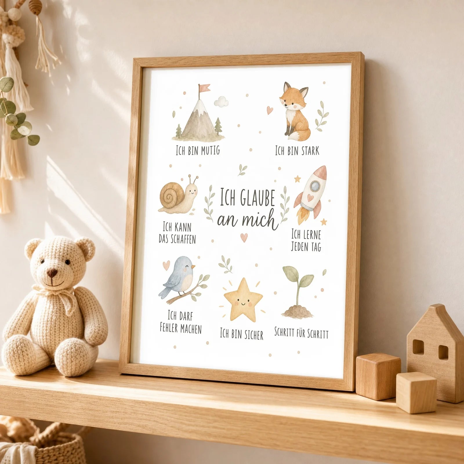 Affirmationsposter Kinderzimmer Collage Ich glaube an mich, als Wandbild über der Spielecke