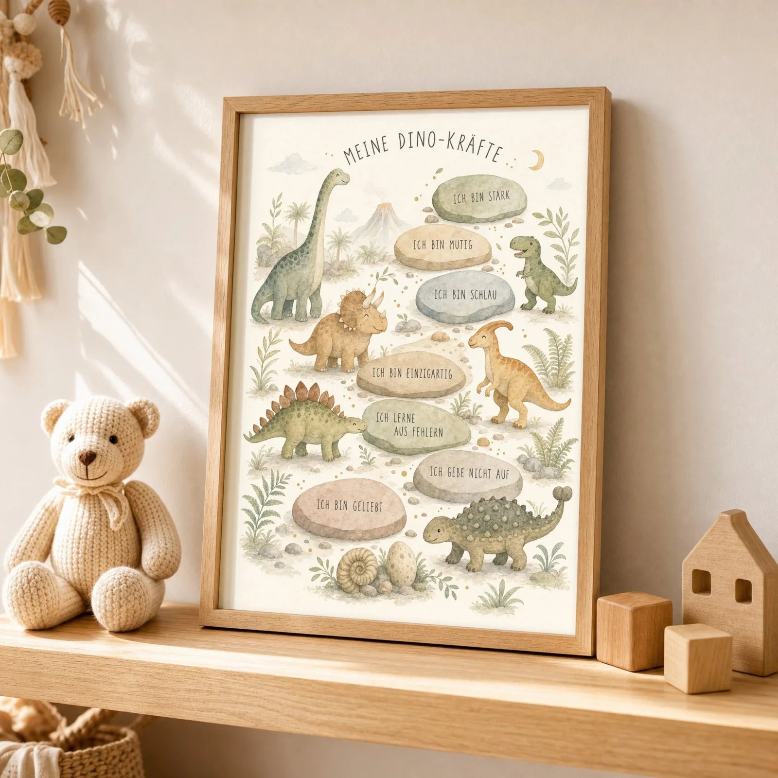 Affirmationsposter Kinderzimmer Dino-KrĂ€fte, als Wandbild ĂŒber der Spielecke