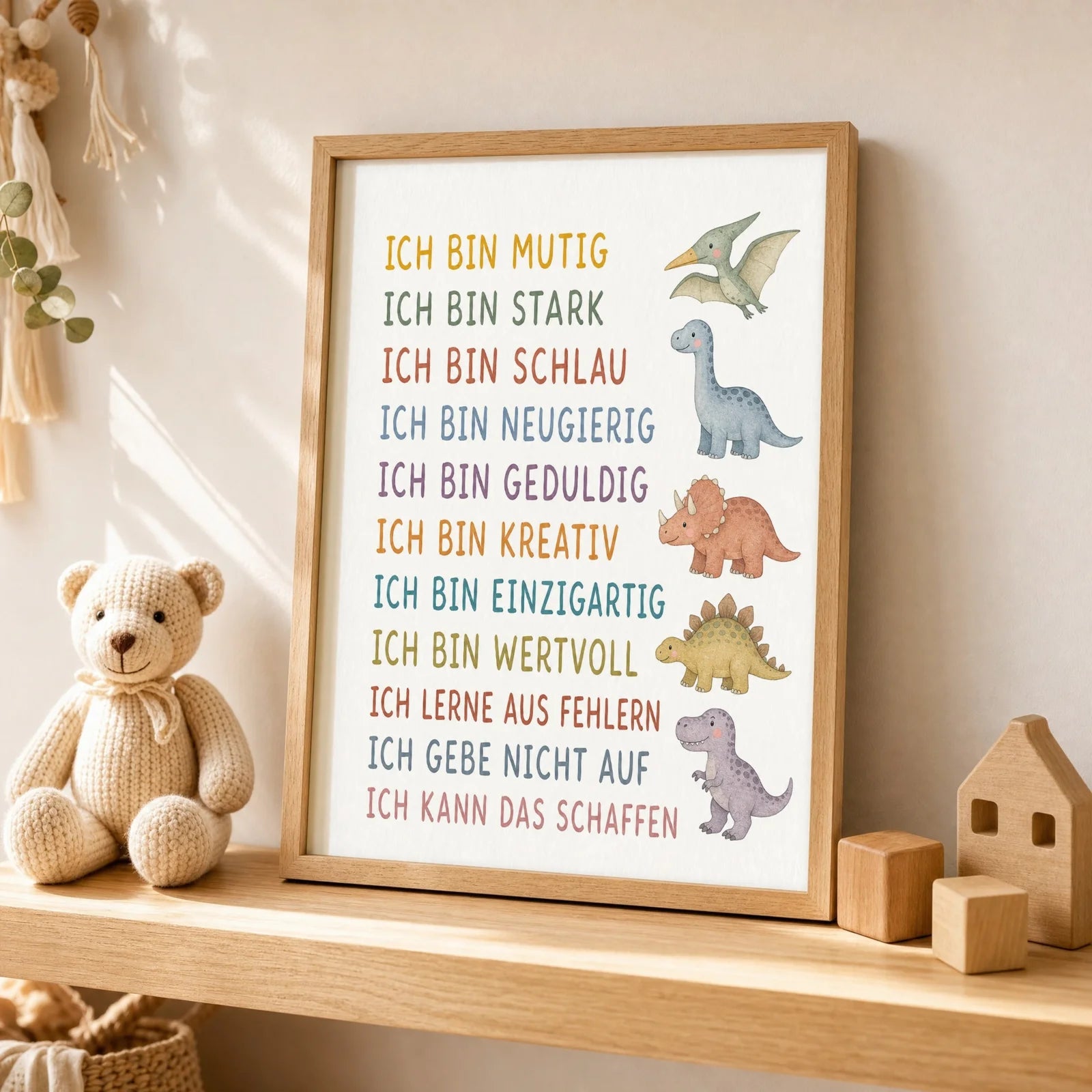 Affirmationsposter Kinderzimmer Dinos, als Wandbild ĂŒber der Spielecke