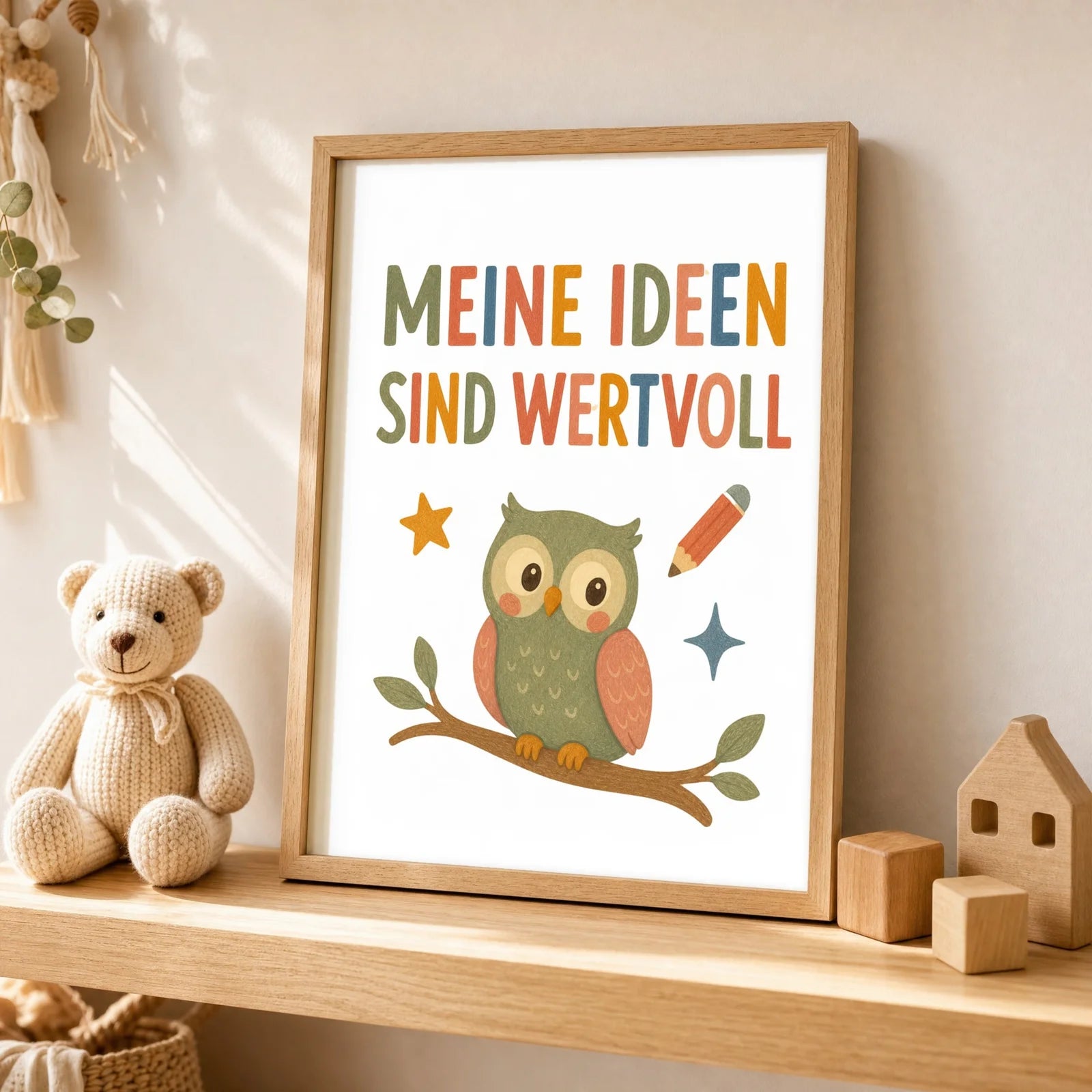 Affirmationsposter Kinderzimmer Eule Meine Ideen sind wertvoll, als Wandbild über der Spielecke