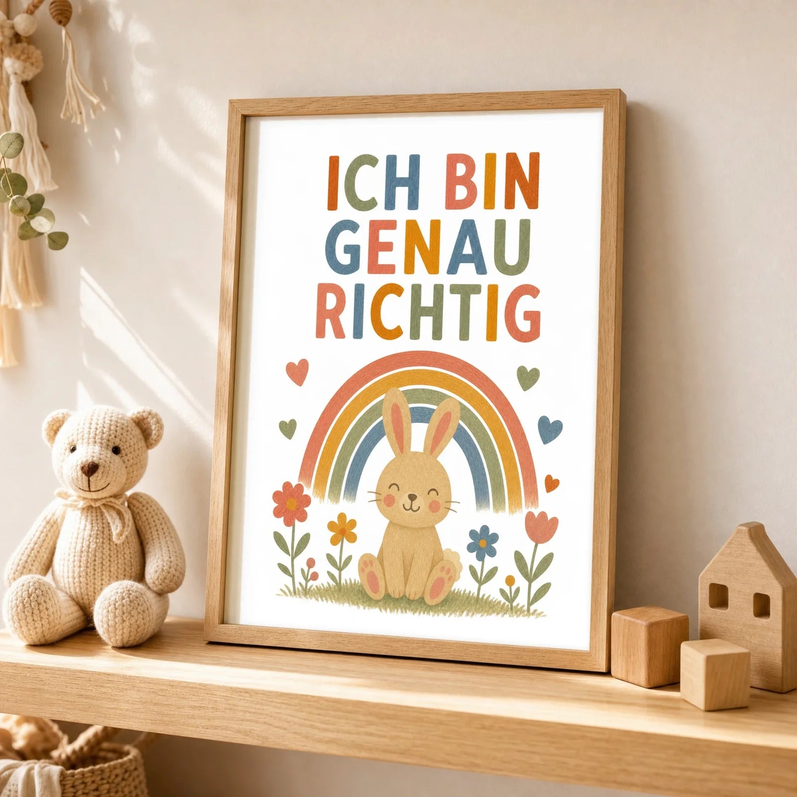 Affirmationsposter Kinderzimmer Hase Ich bin genau richtig, als Wandbild über der Spielecke