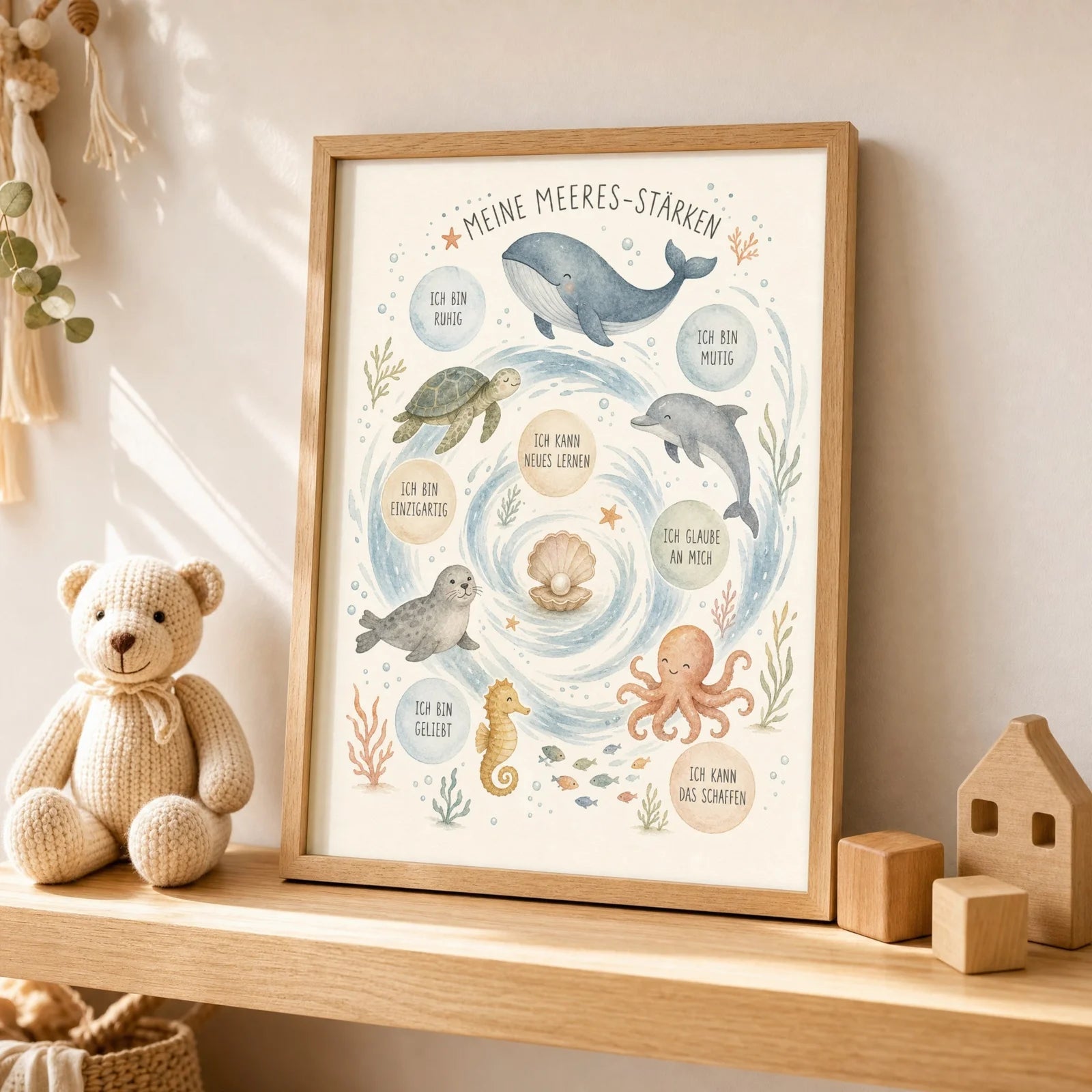 Affirmationsposter Kinderzimmer Meeres-StĂ€rken, als Wandbild ĂŒber der Spielecke