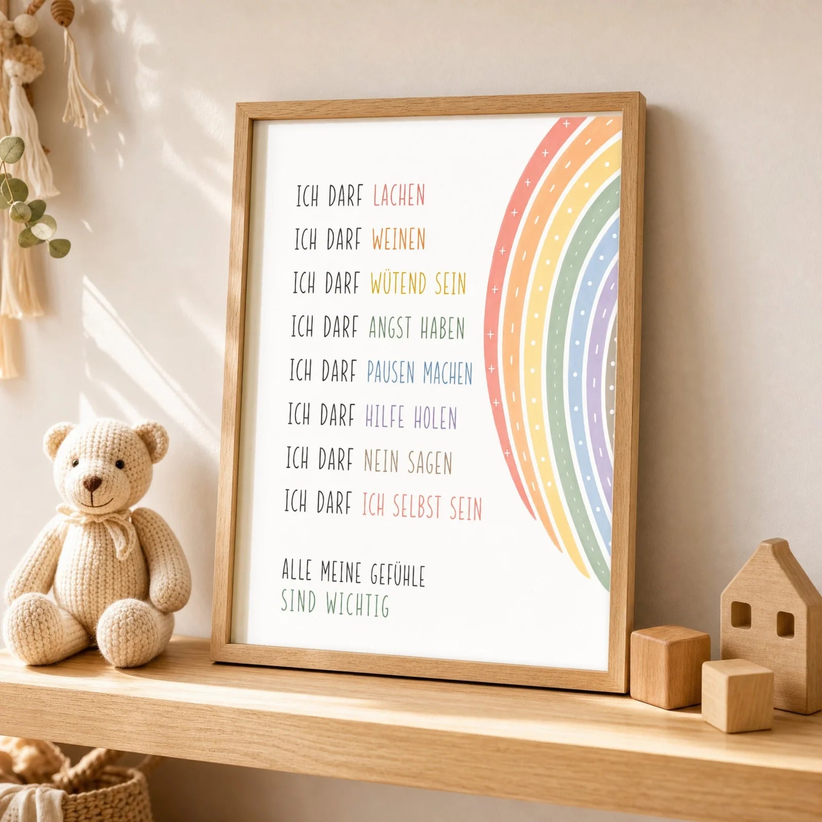 Affirmationsposter Kinderzimmer Minimal Ich darf, als Wandbild über der Spielecke