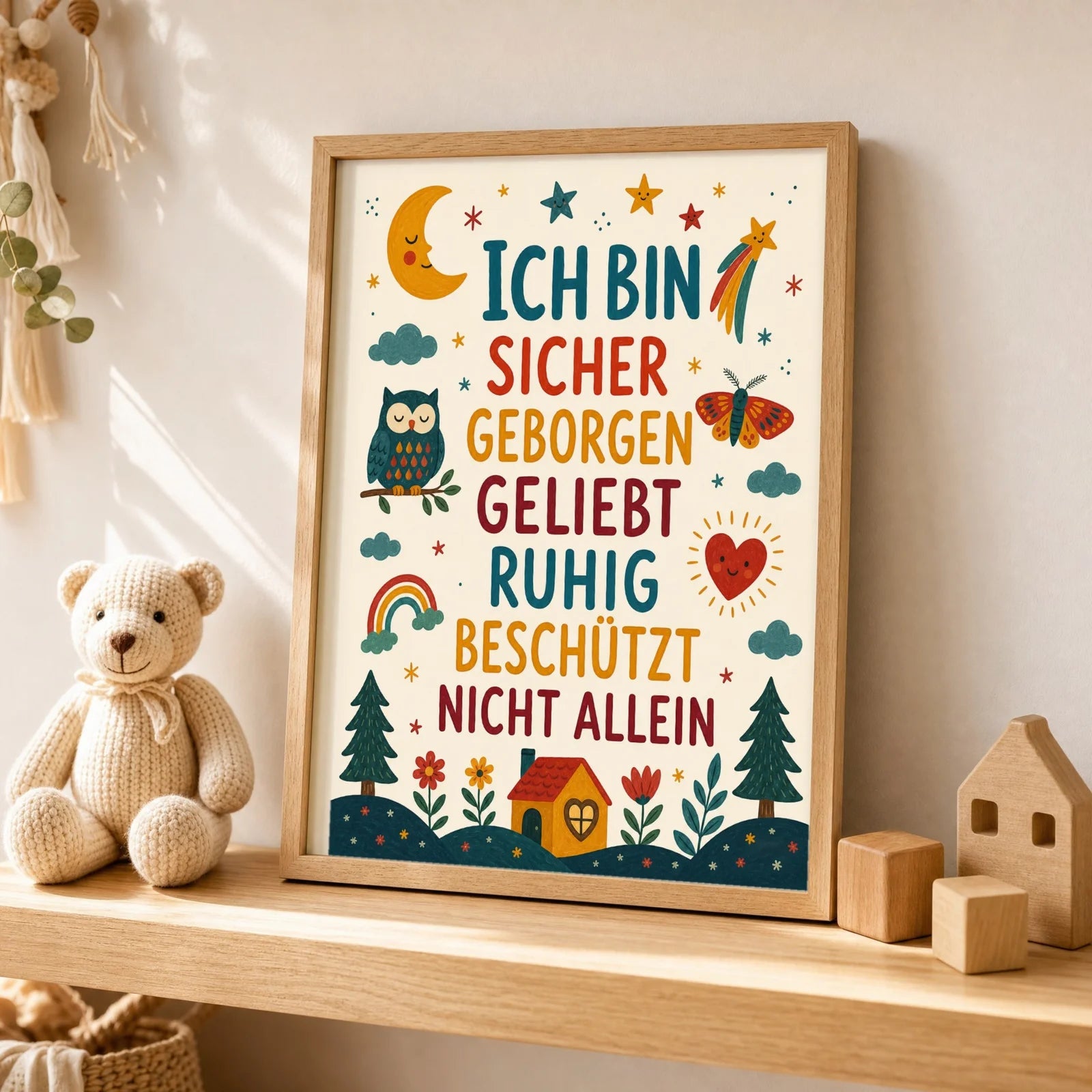 Affirmationsposter Kinderzimmer Nachthimmel Ich bin sicher, als Wandbild über der Spielecke