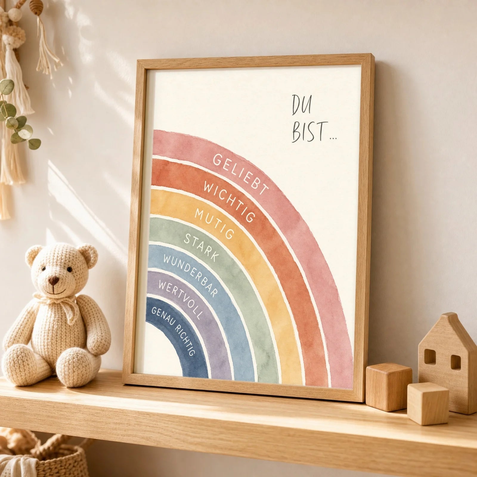 Affirmationsposter Kinderzimmer Regenbogen Du bist, als Wandbild über der Spielecke