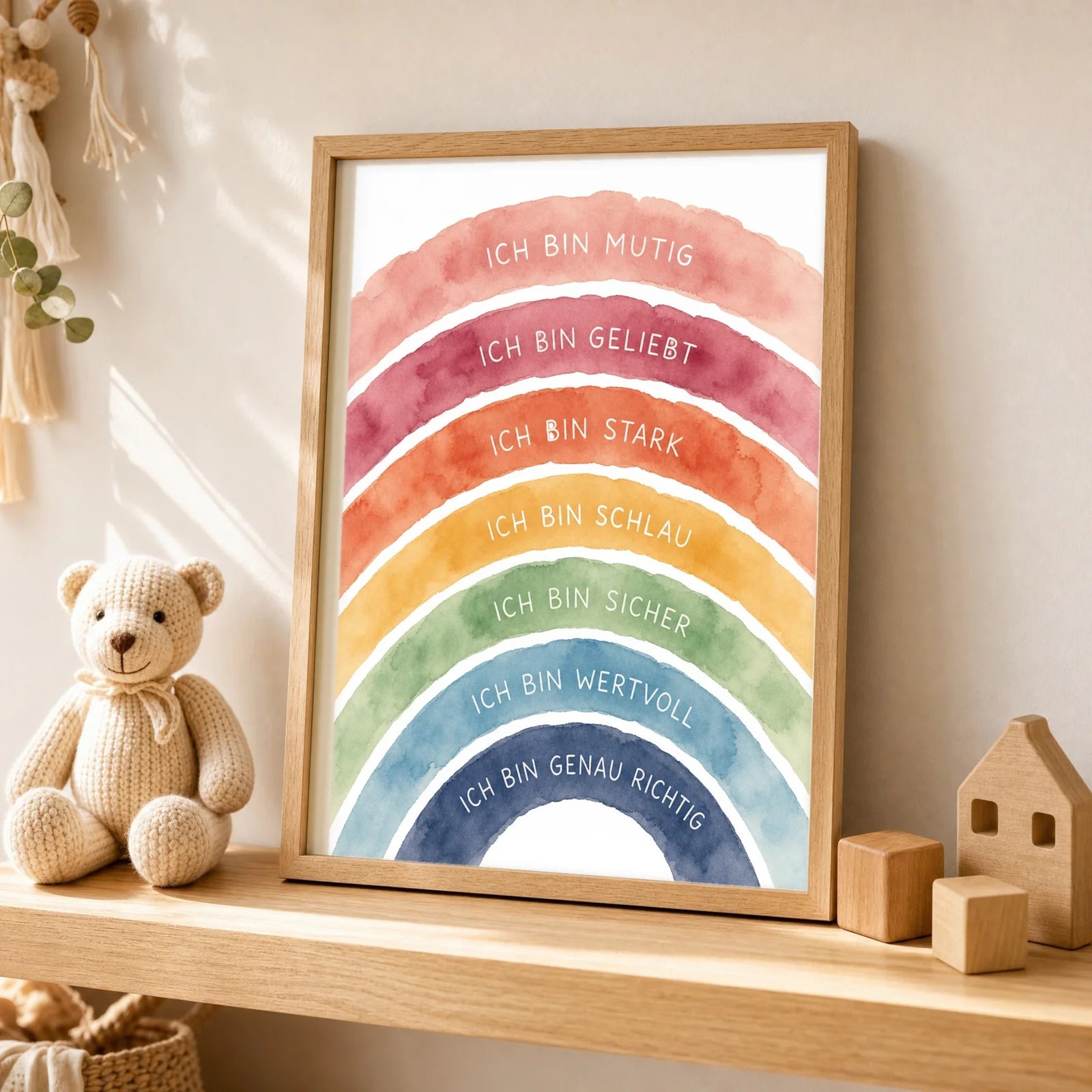Affirmationsposter Kinderzimmer Regenbogen Ich bin bunt, als Wandbild ĂŒber der Spielecke