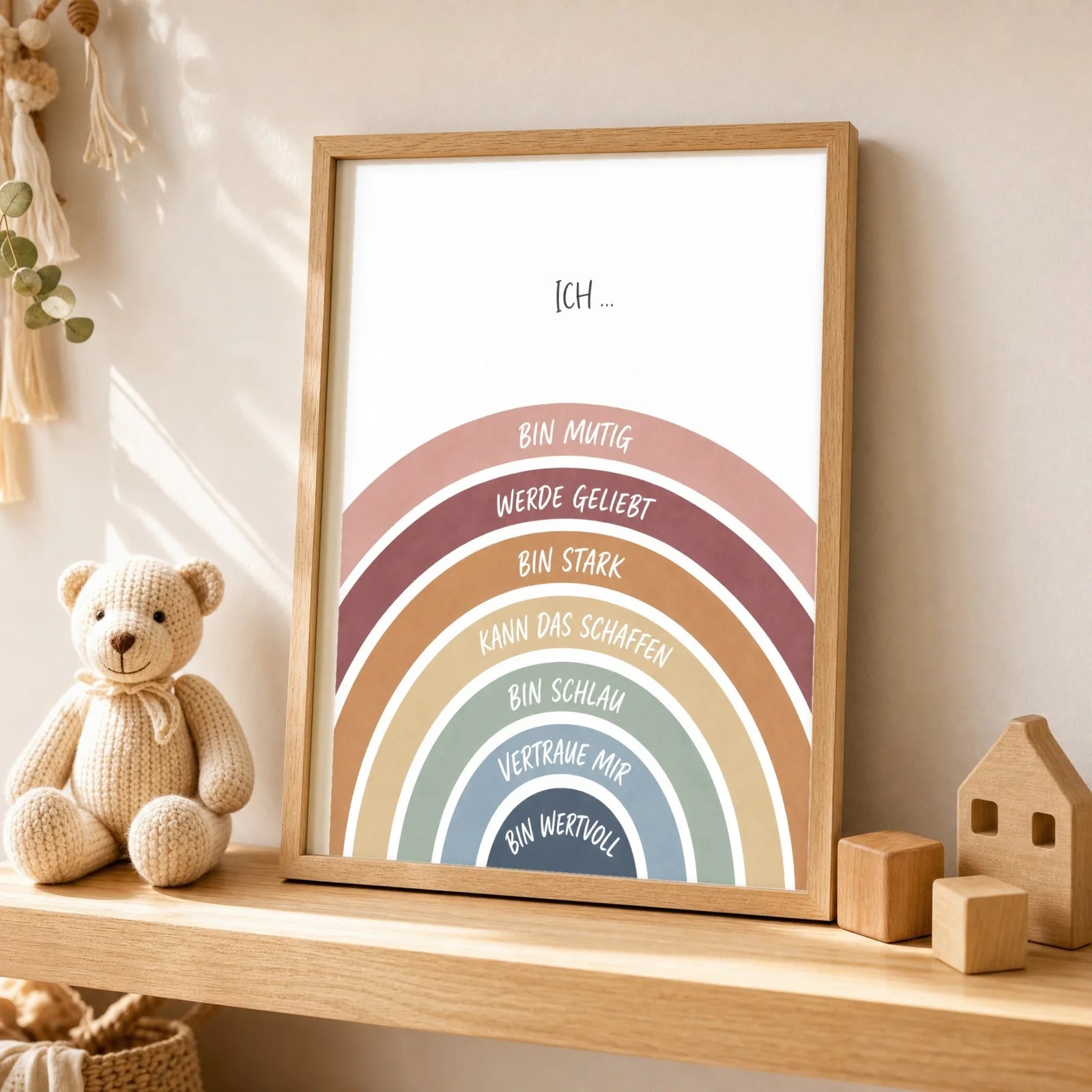 Affirmationsposter Kinderzimmer Regenbogen Ich bin mutig, als Wandbild über der Spielecke