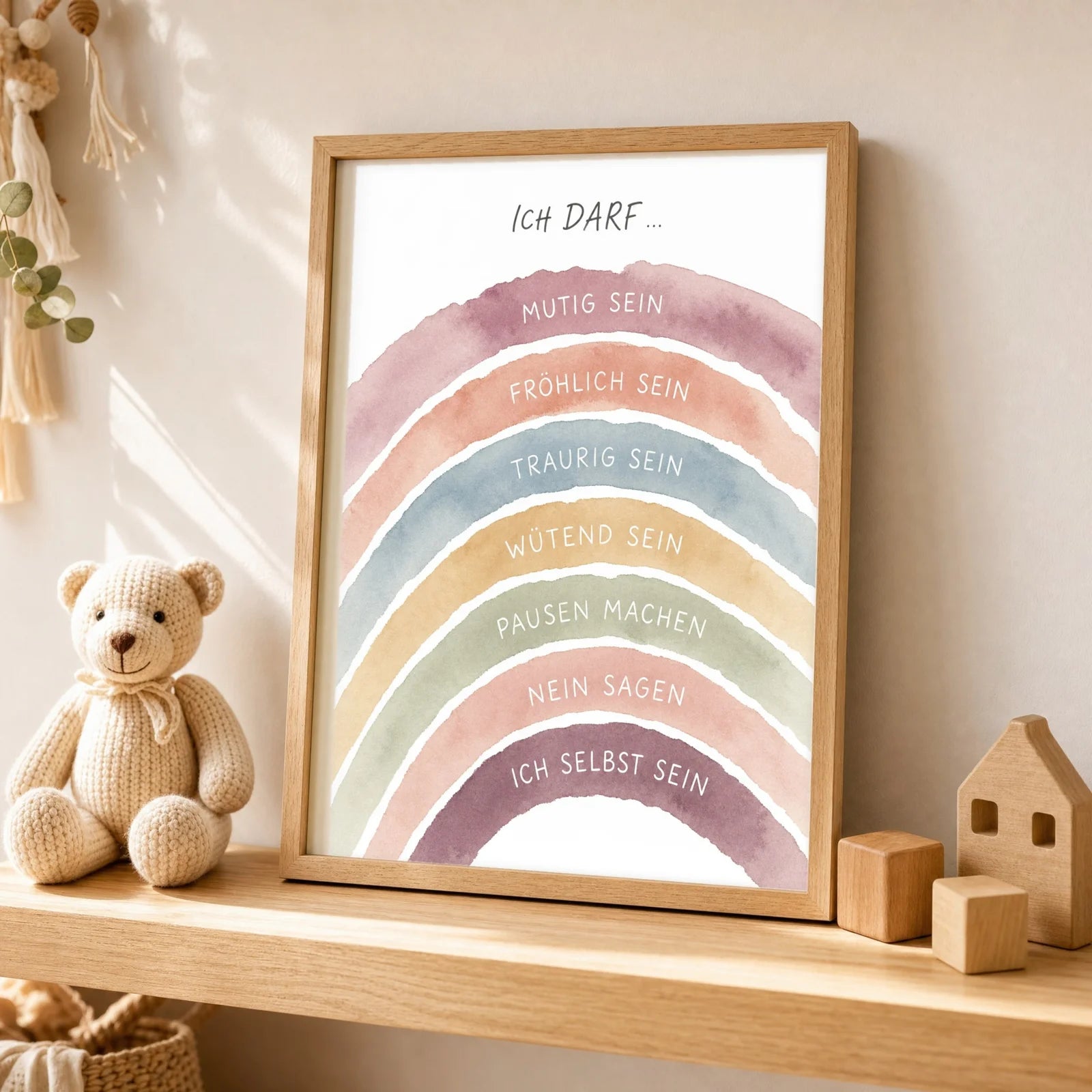 Affirmationsposter Kinderzimmer Regenbogen Ich darf, als Wandbild über der Spielecke