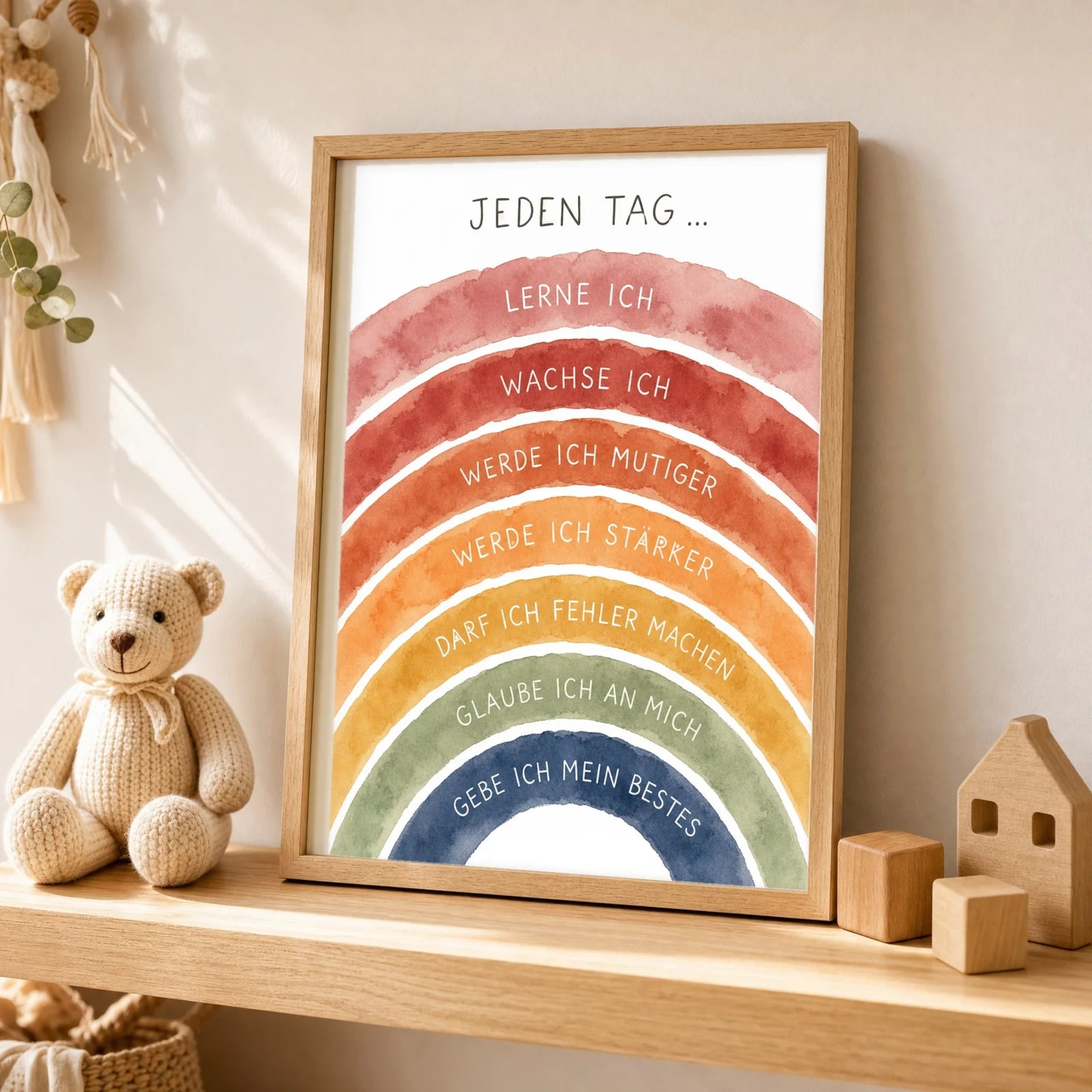Affirmationsposter Kinderzimmer Regenbogen Jeden Tag, als Wandbild ĂŒber der Spielecke