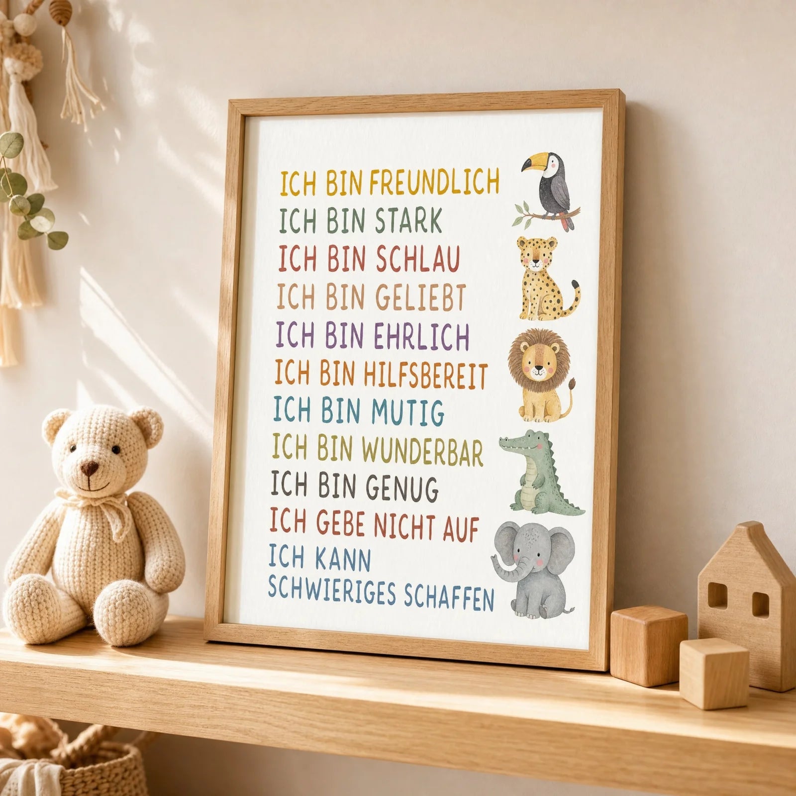 Affirmationsposter Kinderzimmer Safaritiere, als Wandbild über der Spielecke
