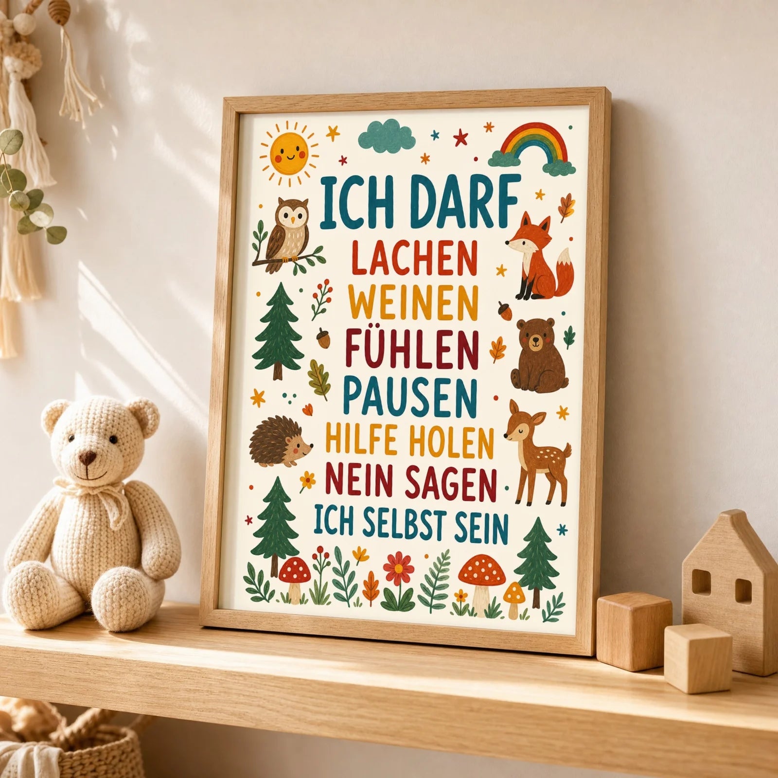 Affirmationsposter Kinderzimmer Wald Ich darf lachen, als Wandbild über der Spielecke