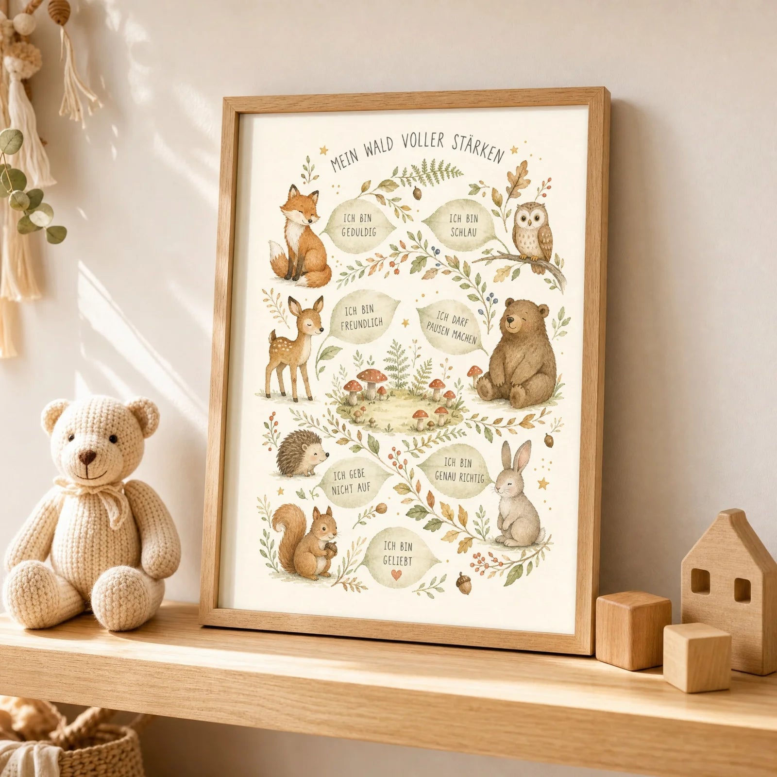 Affirmationsposter Kinderzimmer Wald voller StĂ€rken, als Wandbild ĂŒber der Spielecke