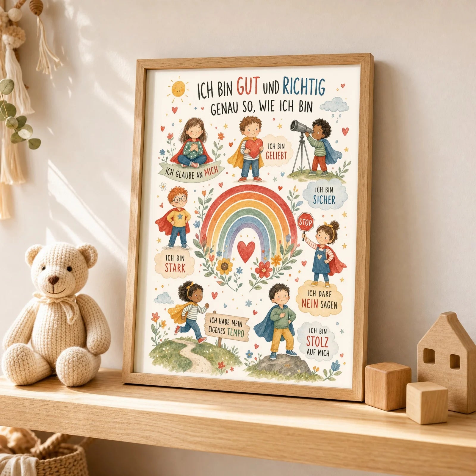 Affirmationsposter Kinderzimmer Wimmelbild Ich bin gut und richtig, als Wandbild ĂŒber der Spielecke