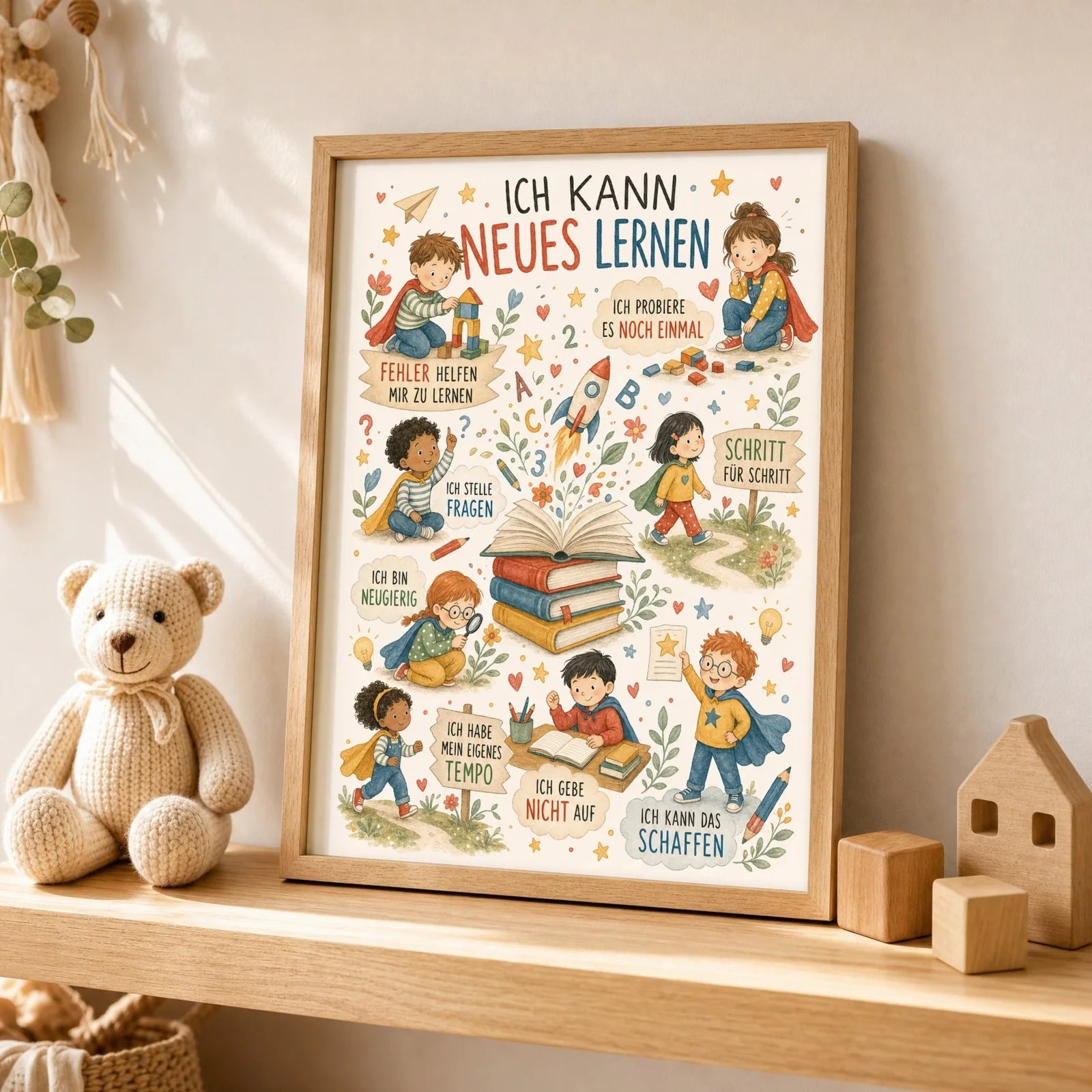 Affirmationsposter Kinderzimmer Wimmelbild Neues lernen, als Wandbild ĂŒber der Spielecke
