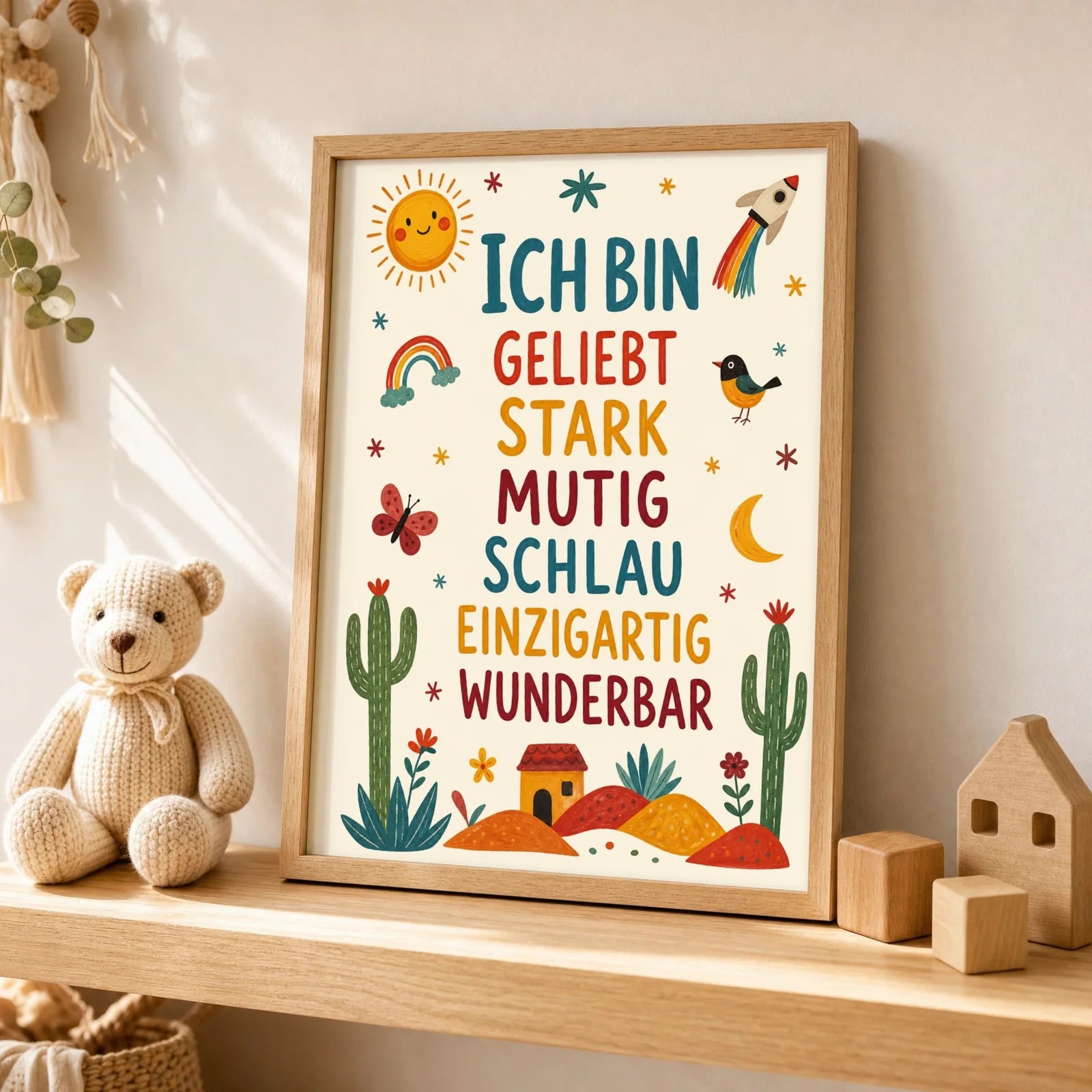 Affirmationsposter Kinderzimmer Wüste Ich bin geliebt, als Wandbild über der Spielecke