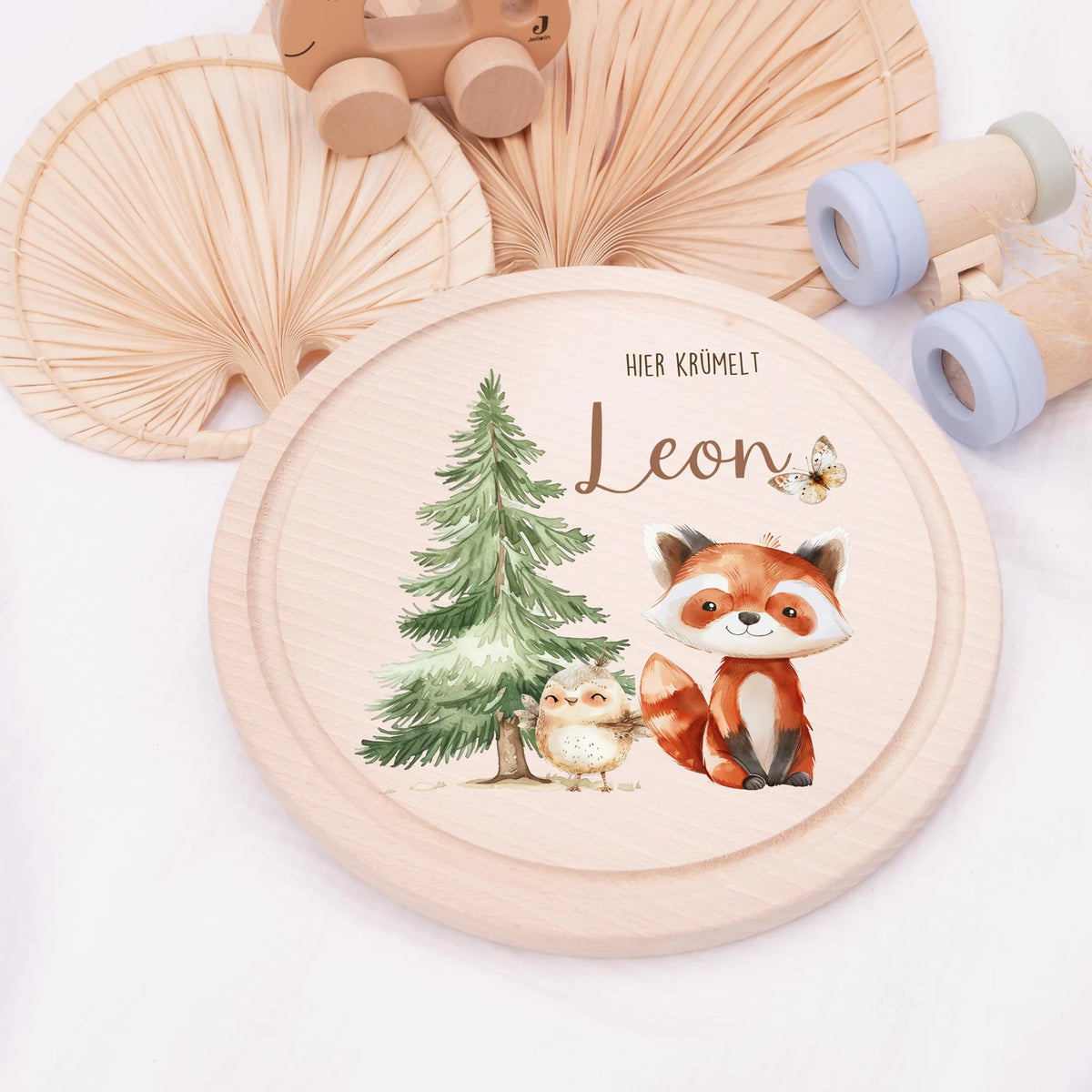 Rundes personalisiertes Frühstücksbrettchen Fuchs mit Namen für Kinder