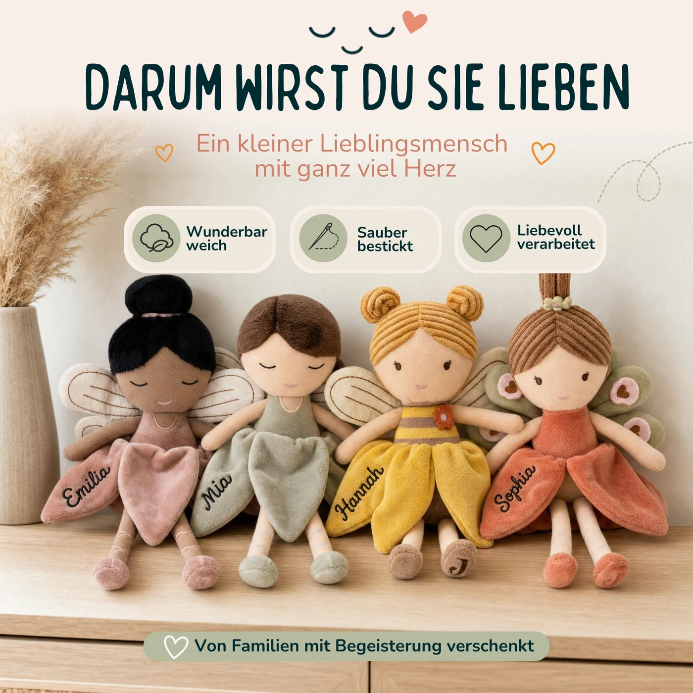 Jollein Stoffpuppe Fee Honig, weich, sauber bestickt und liebevoll verarbeitet