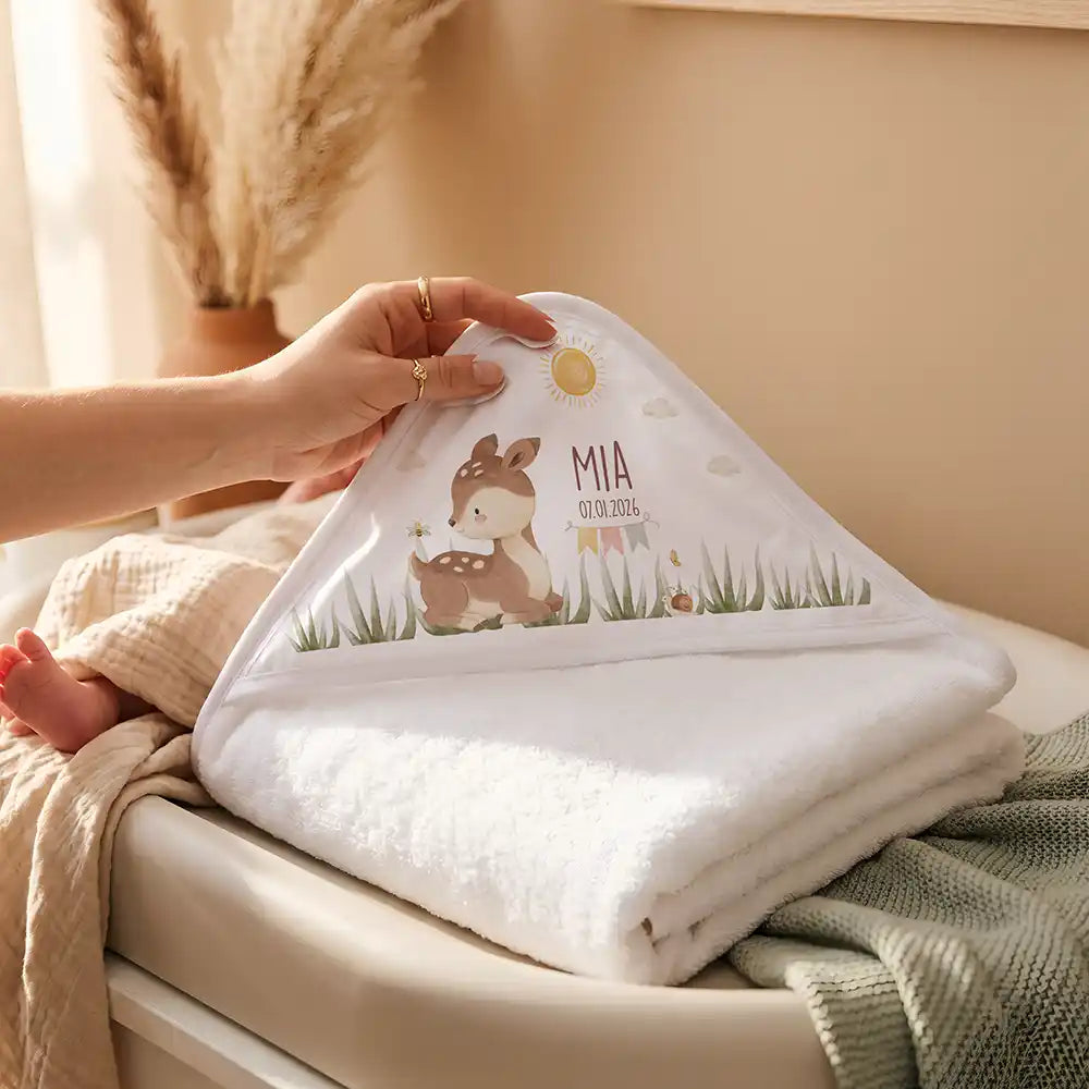 Personalisiertes Kapuzenhandtuch Baby Reh Geburtsdaten â Detail der bedruckbaren Kapuze